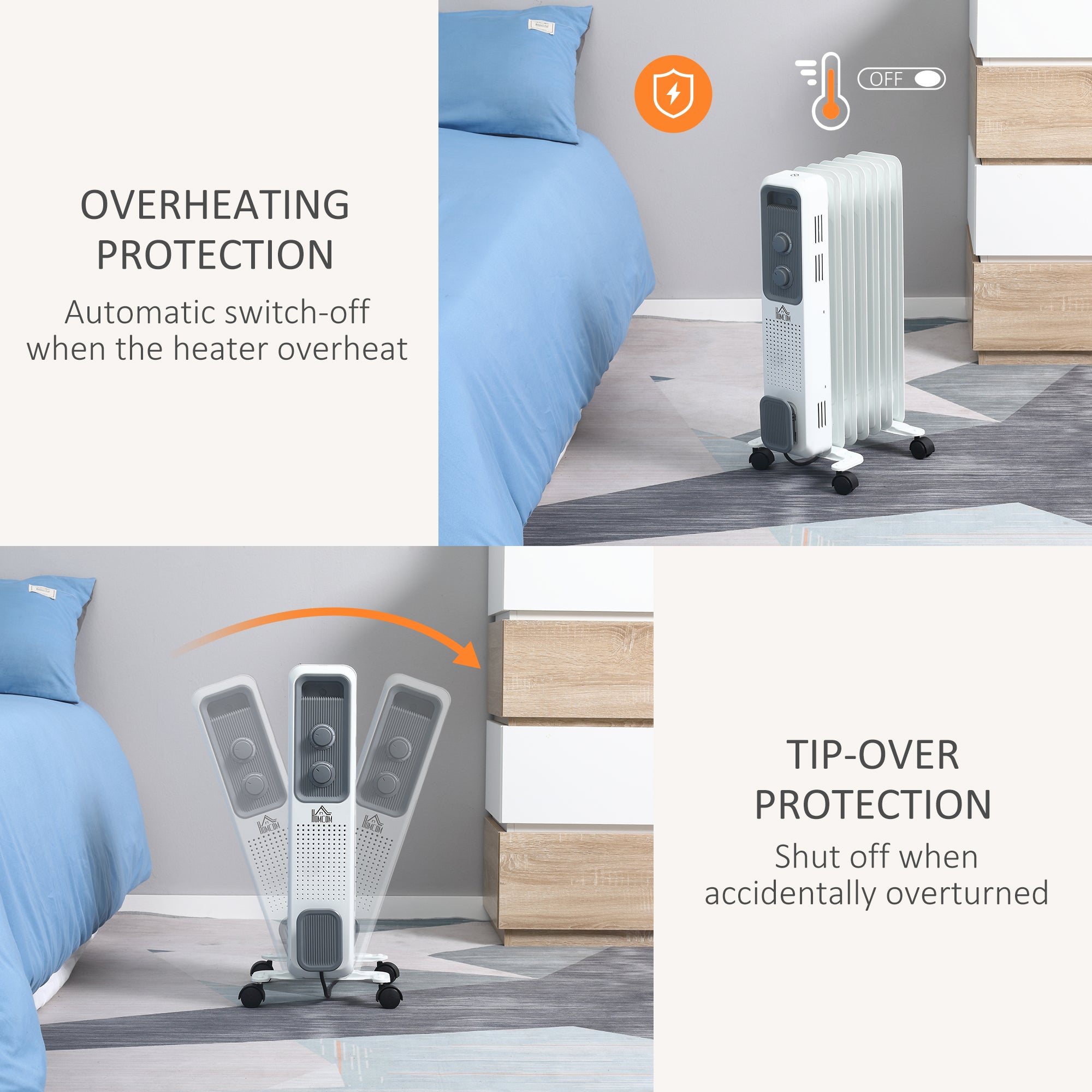 HOMCOM 1500W Oil Filled Radiator, 7 Fin, Portable Electric Heater with 3 Heat Settings, Safety Cut-Off and Wheels, White - North Peak Garden Furniture