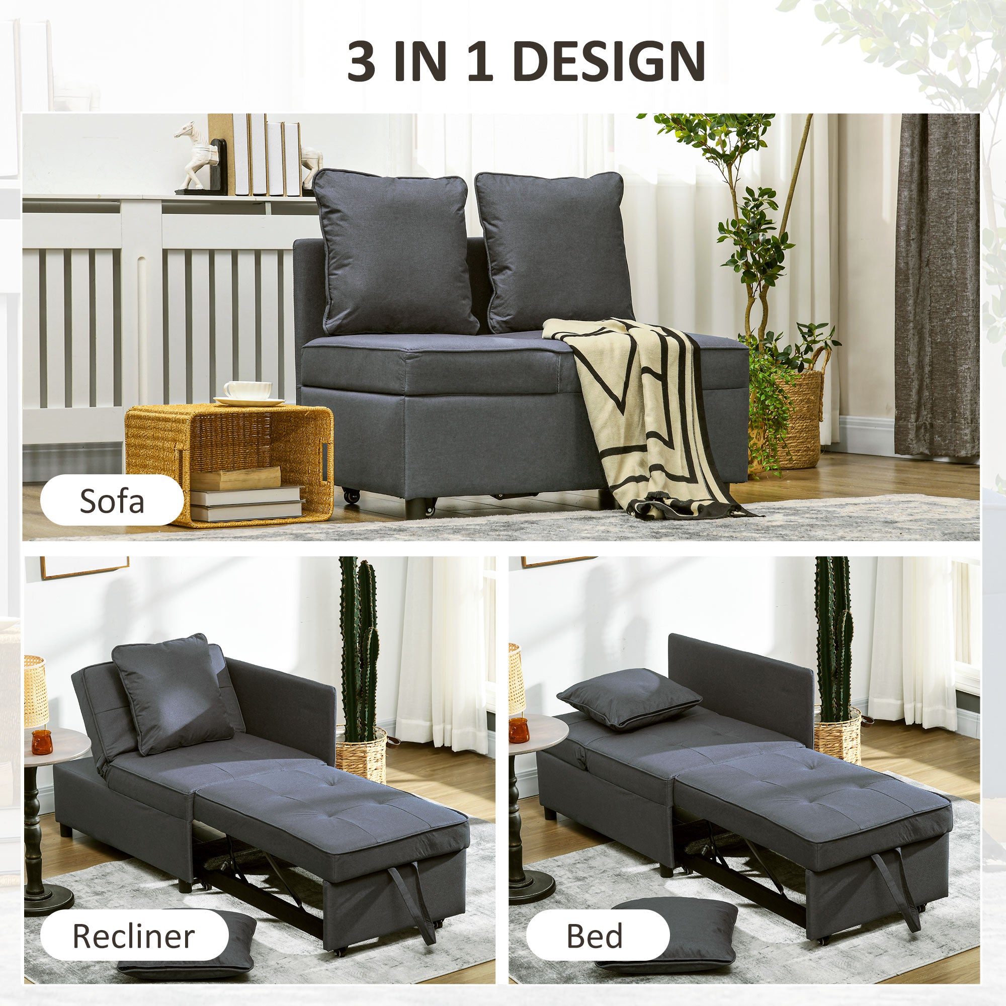 HOMCOM Convertible Single Sofa Bed with Thick Padded Seat, 3-in-1 Multi-Functional Sleeper Chair Bed with Magazine Pocket, for Living Room, Grey - North Peak Garden Furniture
