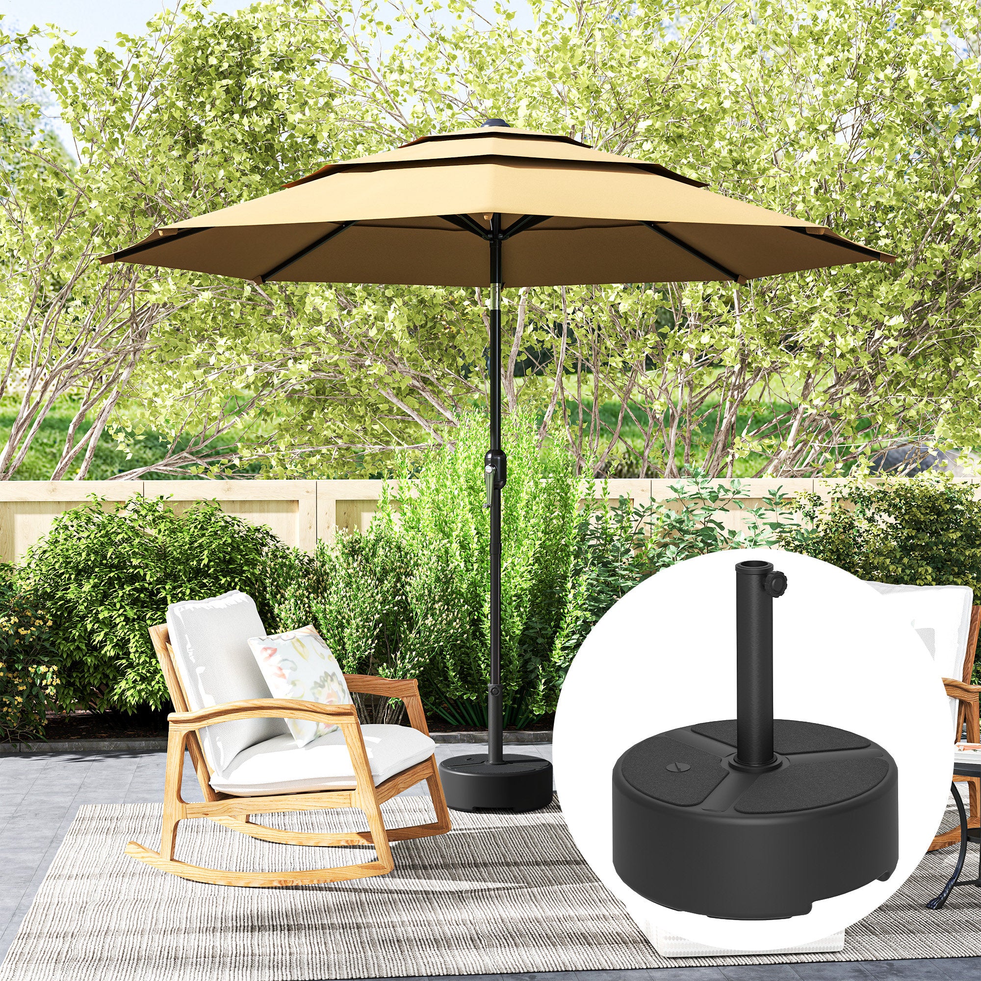 Outsunny Round Garden Parasol Base, Garden Umbrella Stand Heavy Duty Parasol Base, Filled Up to 20kg with Stand or 18kg with Water for 38, 48 mm Poles, Black - North Peak Garden Furniture