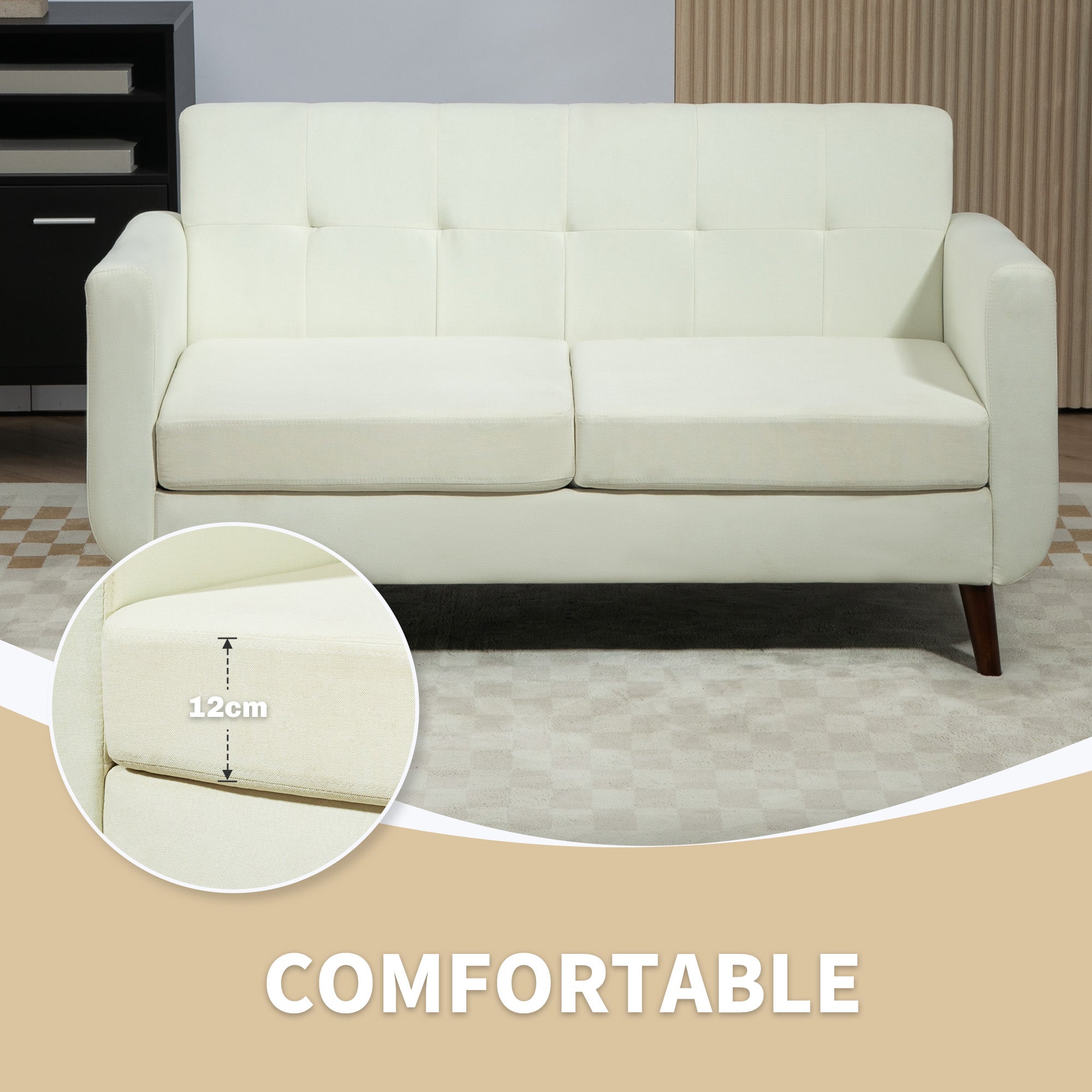 HOMCOM 2 Seater Sofa, Modern Tufted Fabric Couch, Upholstered Loveseat with Wood Legs for Small Space, Living Room, Bedroom, Office, Cream White - North Peak Garden Furniture