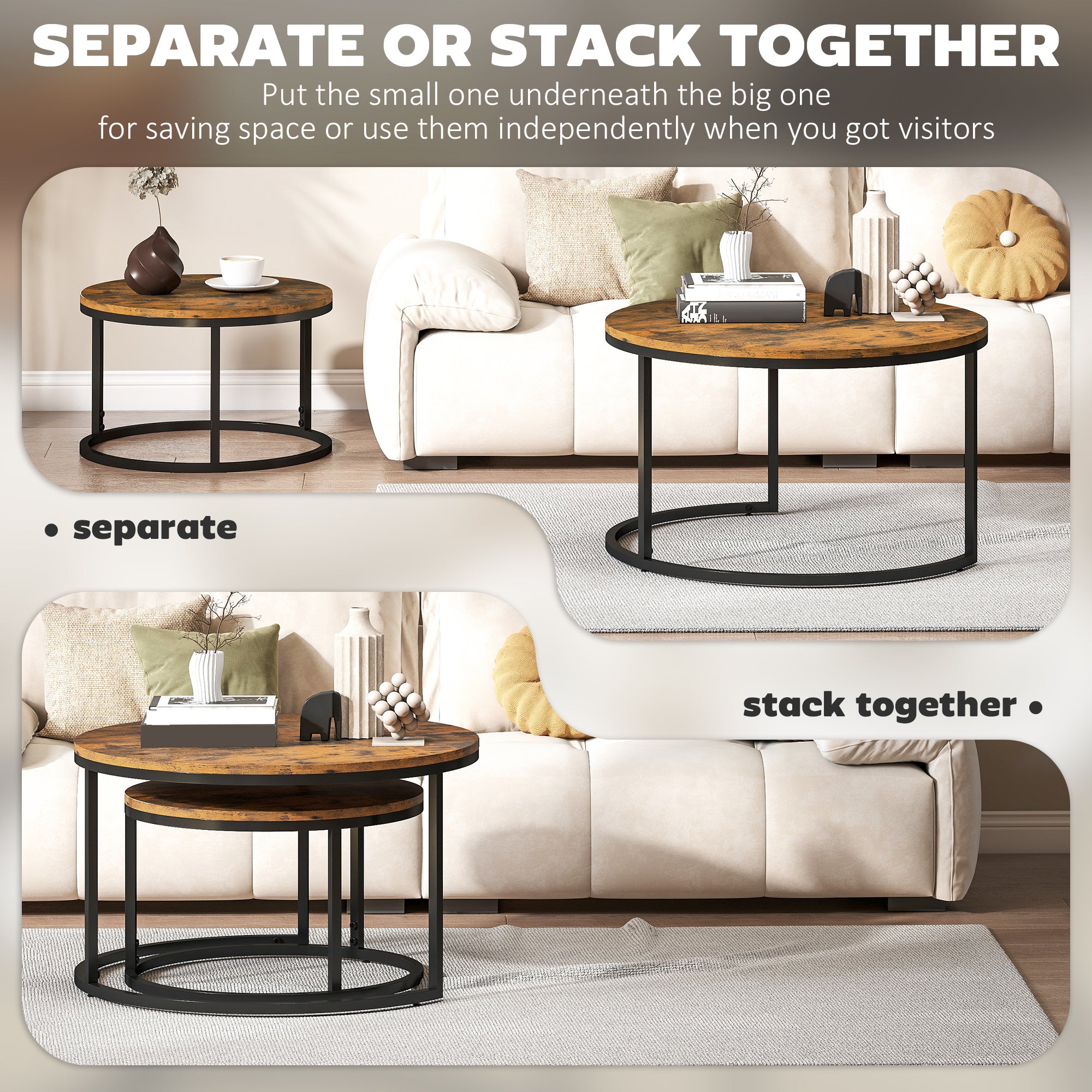 HOMCOM Set of Two Wood-Effect Stacking Tables - Rustic Brown