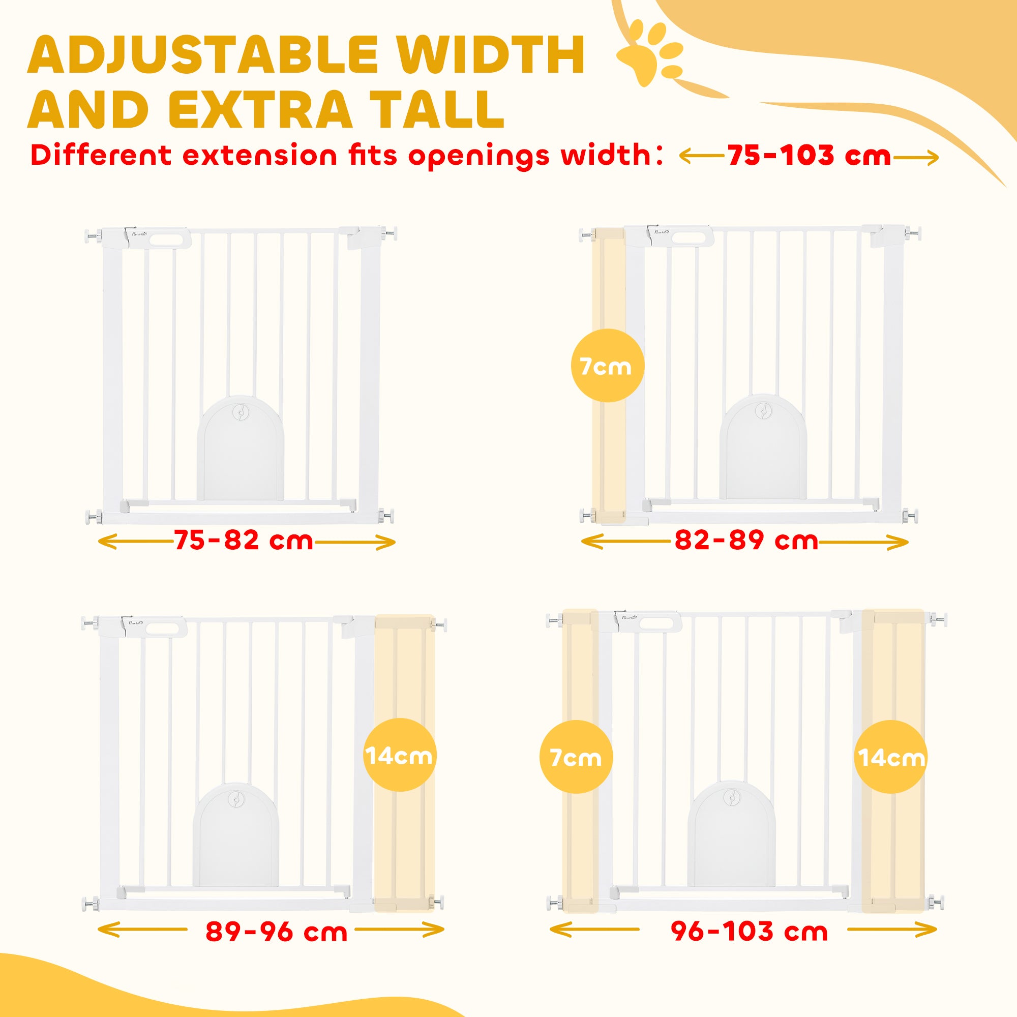 PawHut Dog Gate with Cat Flap Pet Safety Gate Barrier, Stair Pressure Fit, Auto Close, Double Locking, for Doorways, Hallways, 75-103 cm White - North Peak Garden Furniture