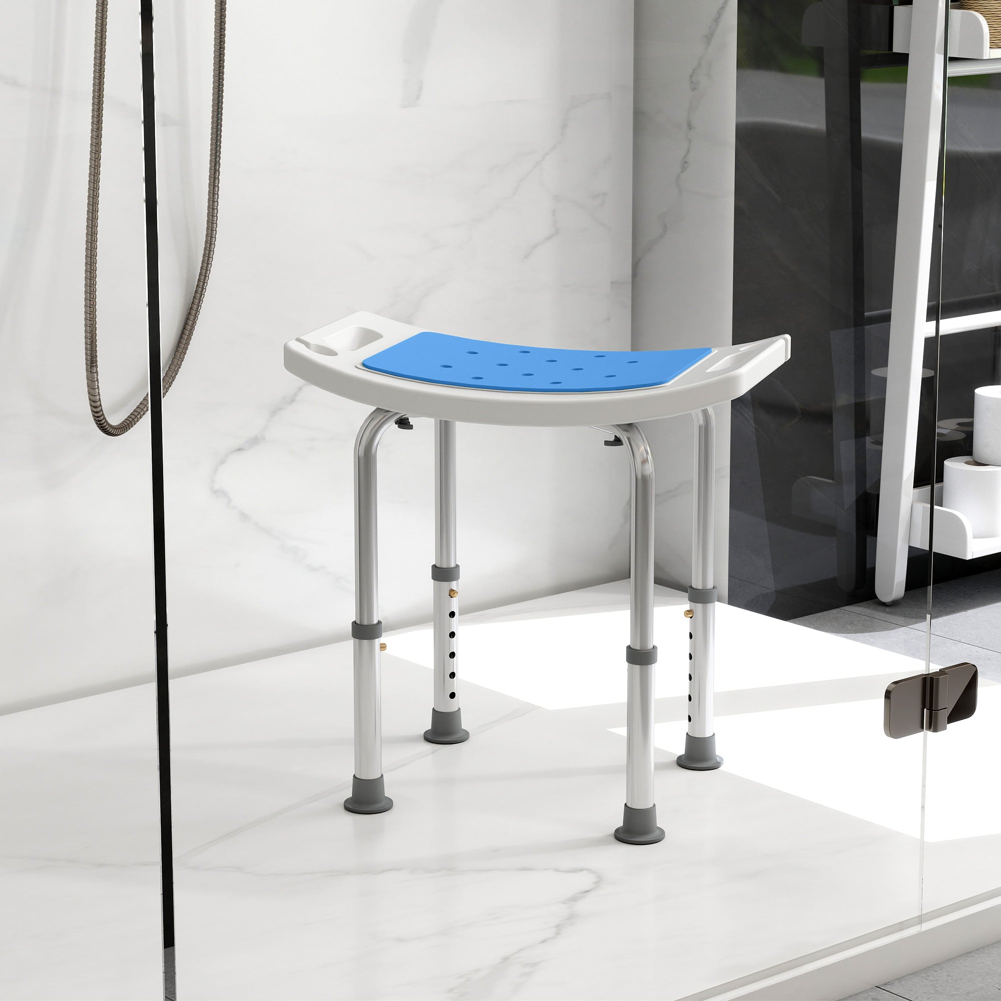 HOMCOM 6-Level Height Adjustable Aluminium Bath Room Stool Chair Shower Non-Slip Design w/ Padded Seat Drainage Holes Foot Pad, Blue