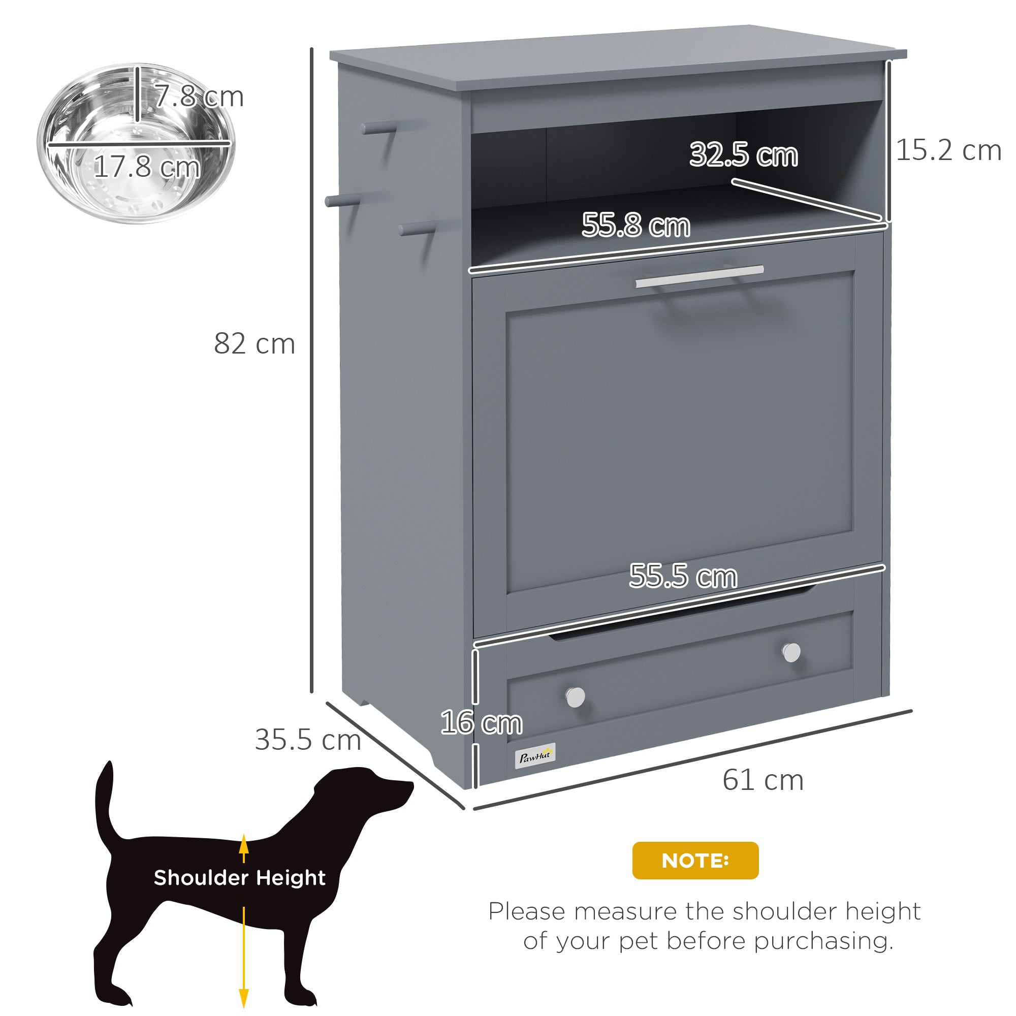 PawHut Pet Feeder Station, Dog, Cat Storage Container, with Raised Bowls, Hanger, Cabinet - Grey - North Peak Garden Furniture