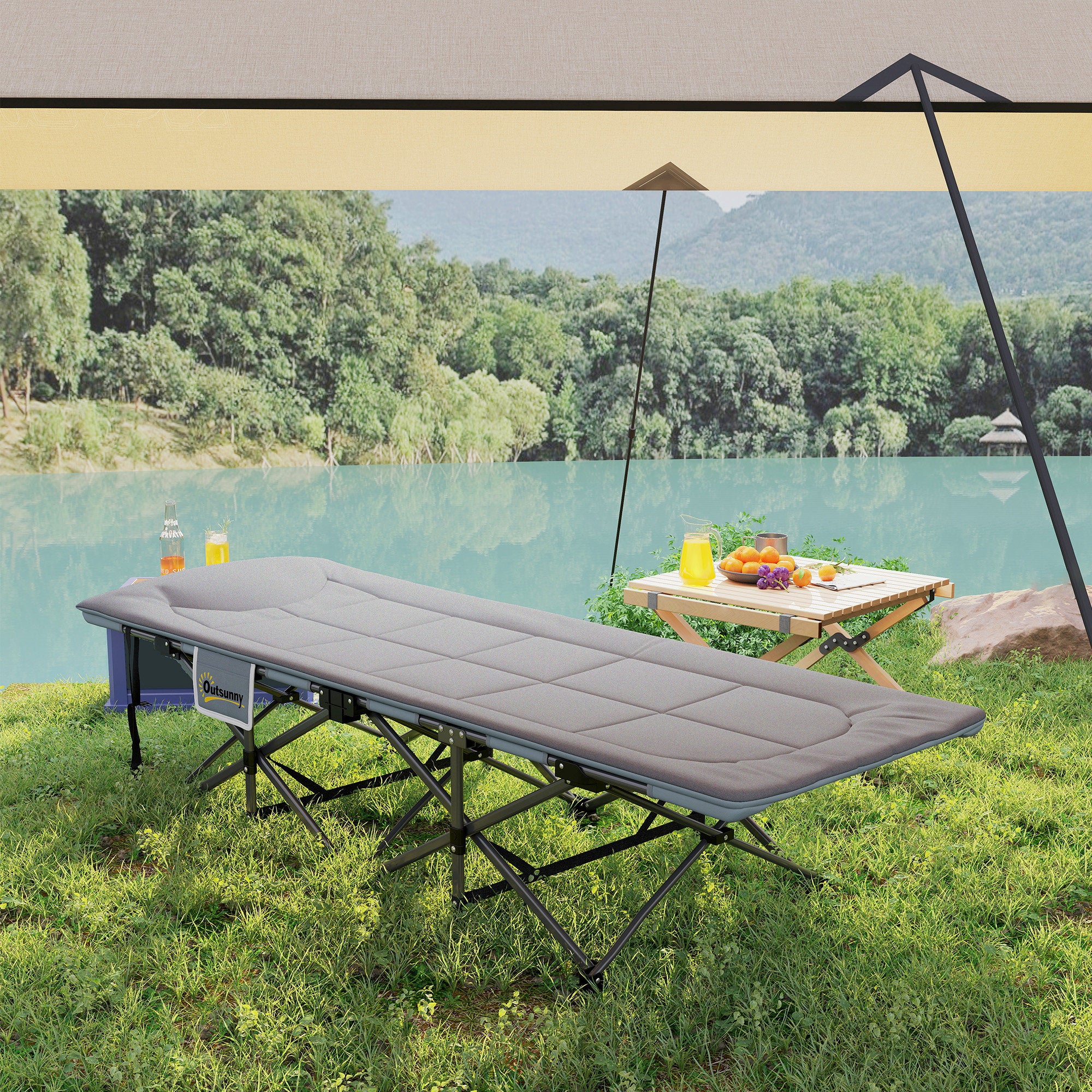 Outsunny Folding Camping Bed for Adults with Cushion, Heavy Duty Portable Travel Camping Cot with Headrest, Side Pocket and Non-Slip Foot Pads for Outdoor Beach Travel Office, Grey - North Peak Garden Furniture