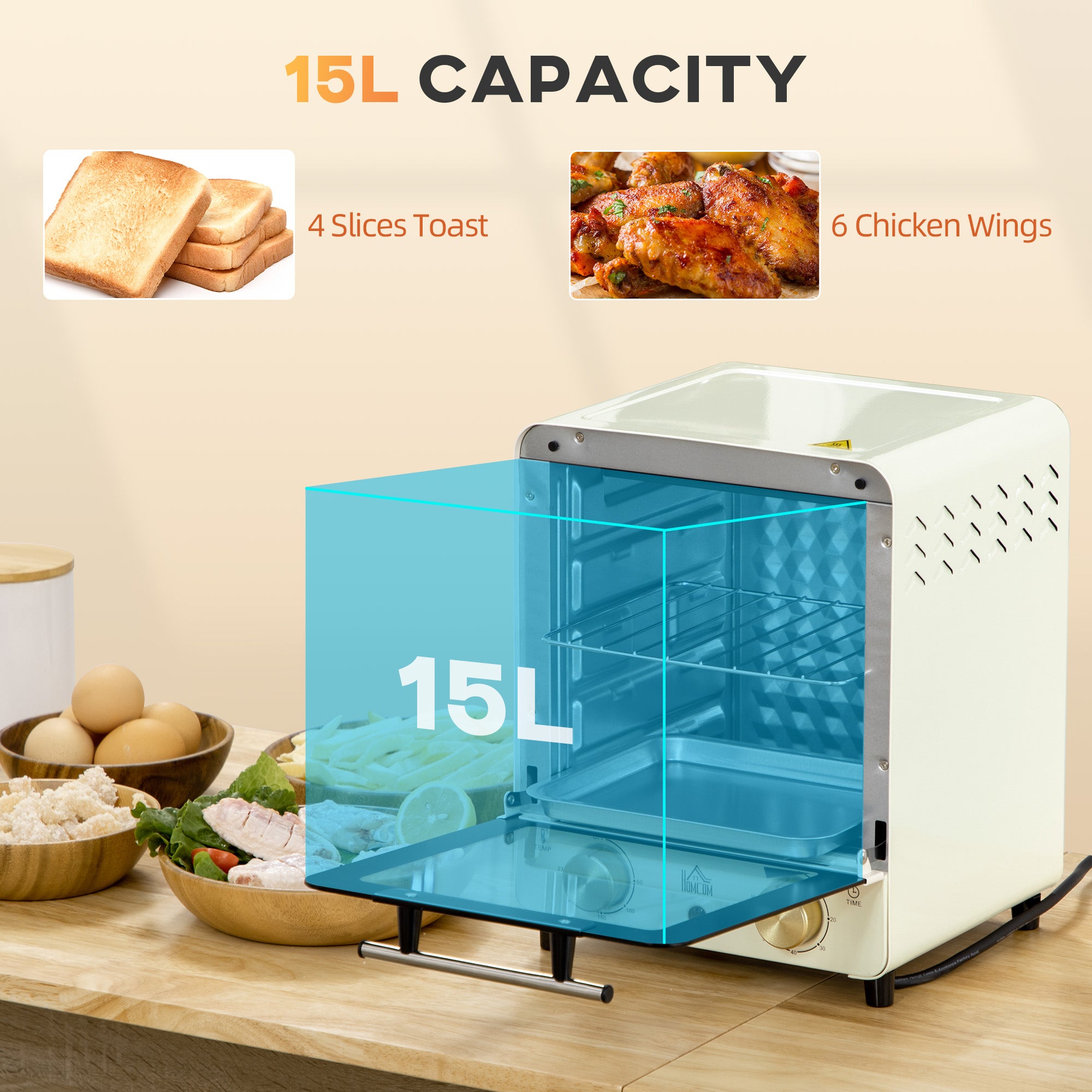 HOMCOM Mini Oven, 15 Litres Electric Oven and Grill with 60-230℃ Adjustable Temperature, 60 Minute Timer, Include Baking Tray, Wire Rack and Crumb Tray, 1000W, Cream White - North Peak Garden Furniture