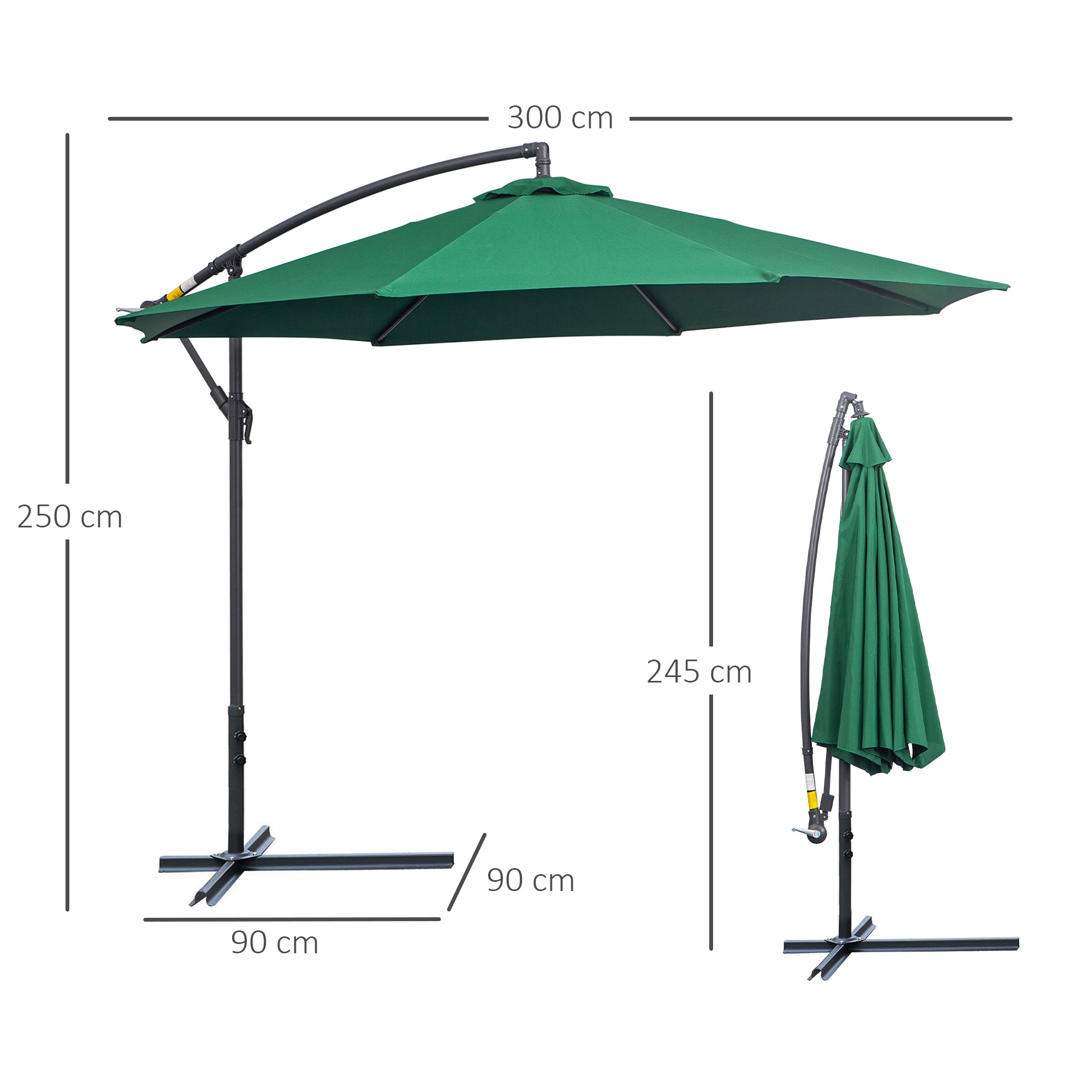 Outsunny Banana Cantilever Parasol: 3m Hanging Umbrella with Crank & Cross Base, Outdoor Sun Shelter, Verdant Green