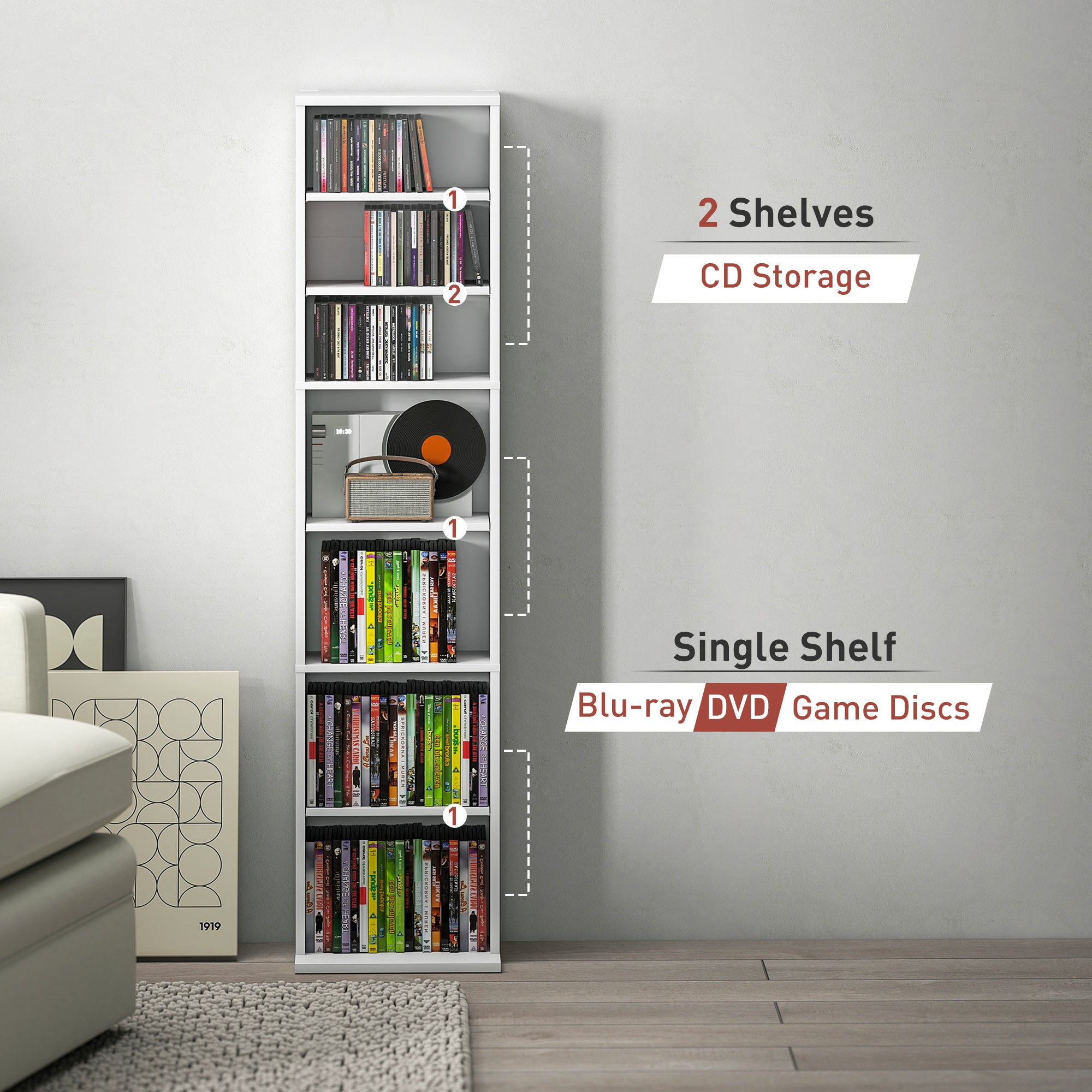 HOMCOM 260 Narrow CD Storage Unit - White - North Peak Garden Furniture