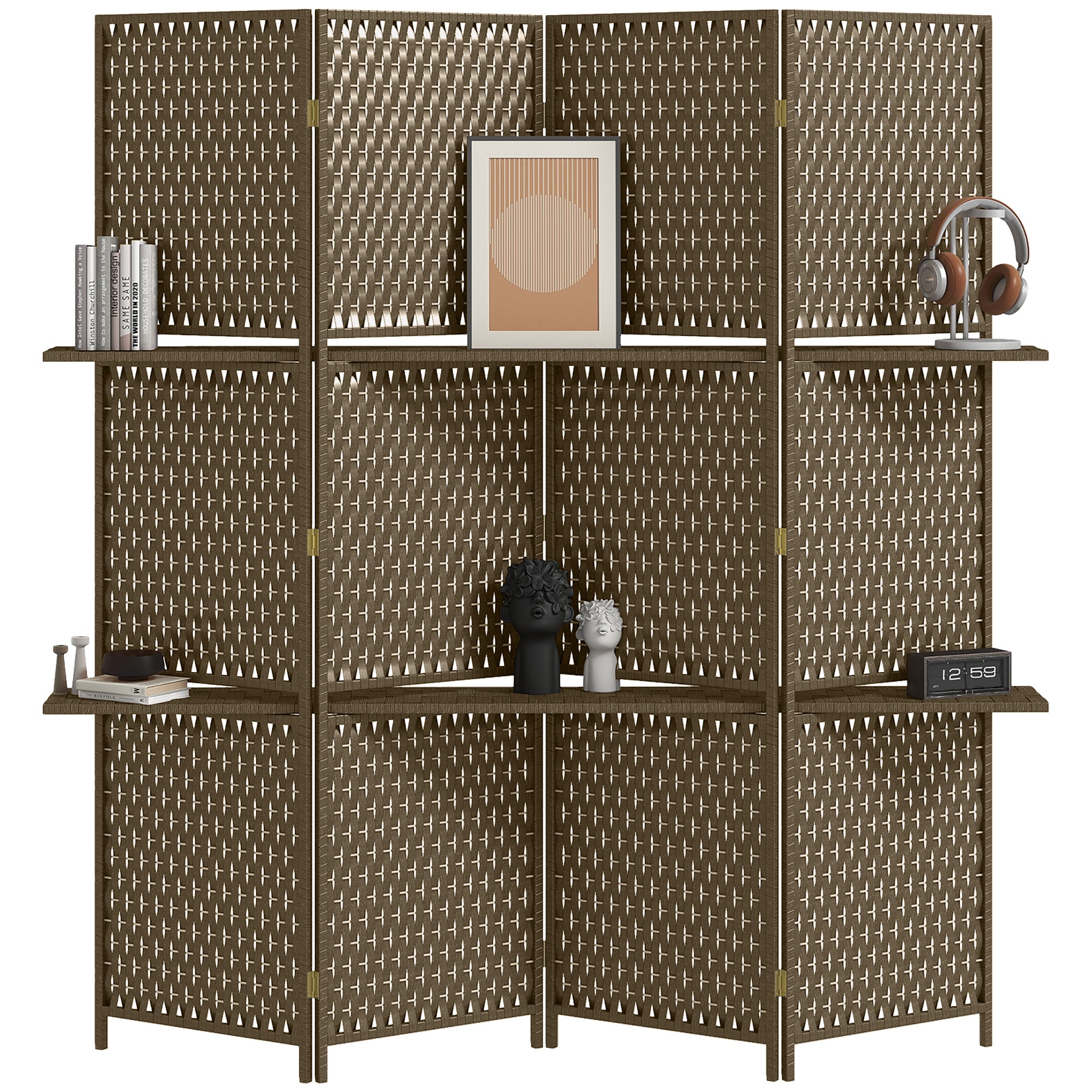 HOMCOM 4-Panel Room Dividers with Shelves, Wave Fibre Freestanding Folding Privacy Screen Panels, Partition Wall Divider for Indoor Bedroom Office, 180 cm, Brown