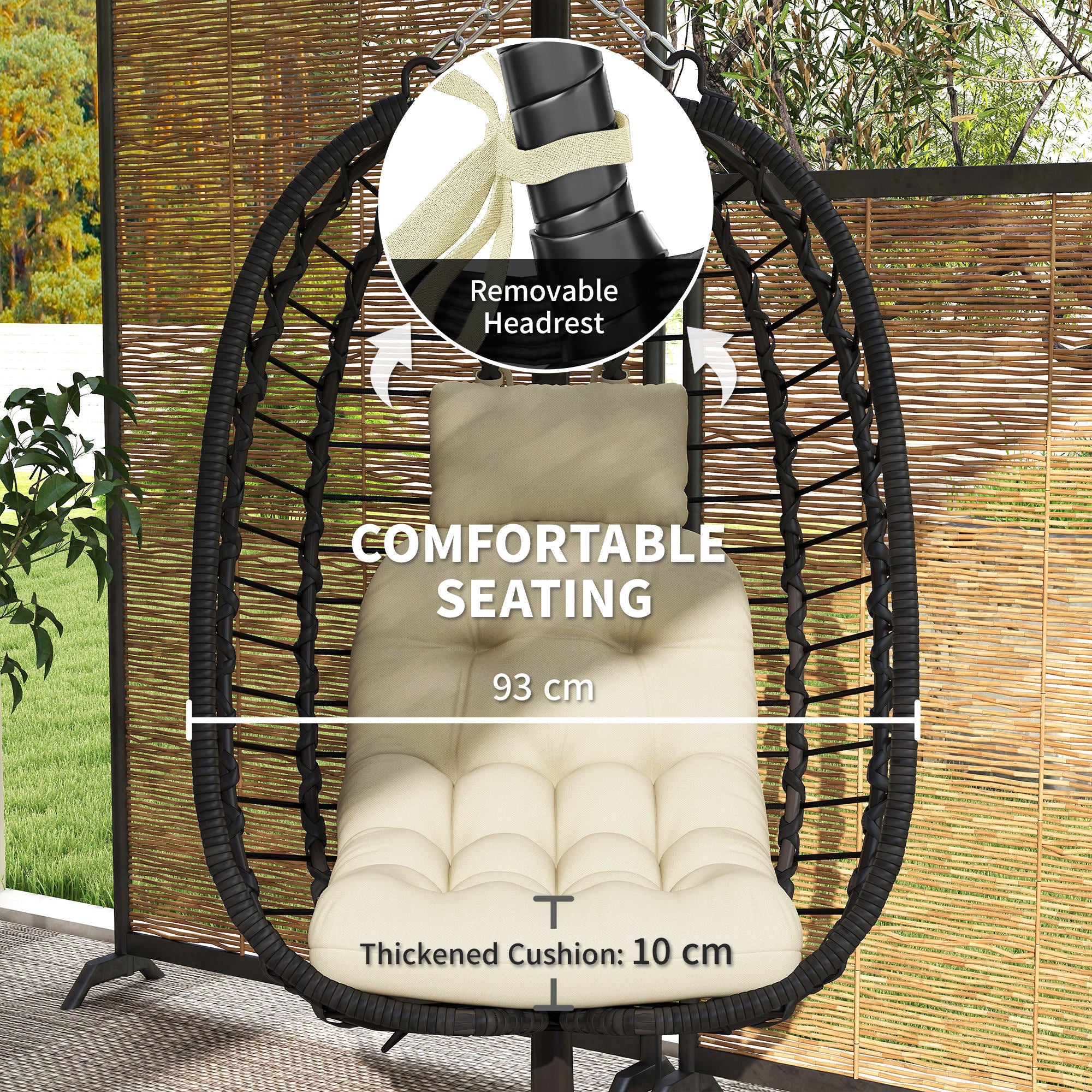 Outsunny Rattan Hanging Egg Chair, Foldable Wicker Hammock Swing Chair with Cushion, Stand, Adjustable Height, Head Pillow, Steel Frame for Garden Patio Indoor Outdoor, Cream White - North Peak Garden Furniture