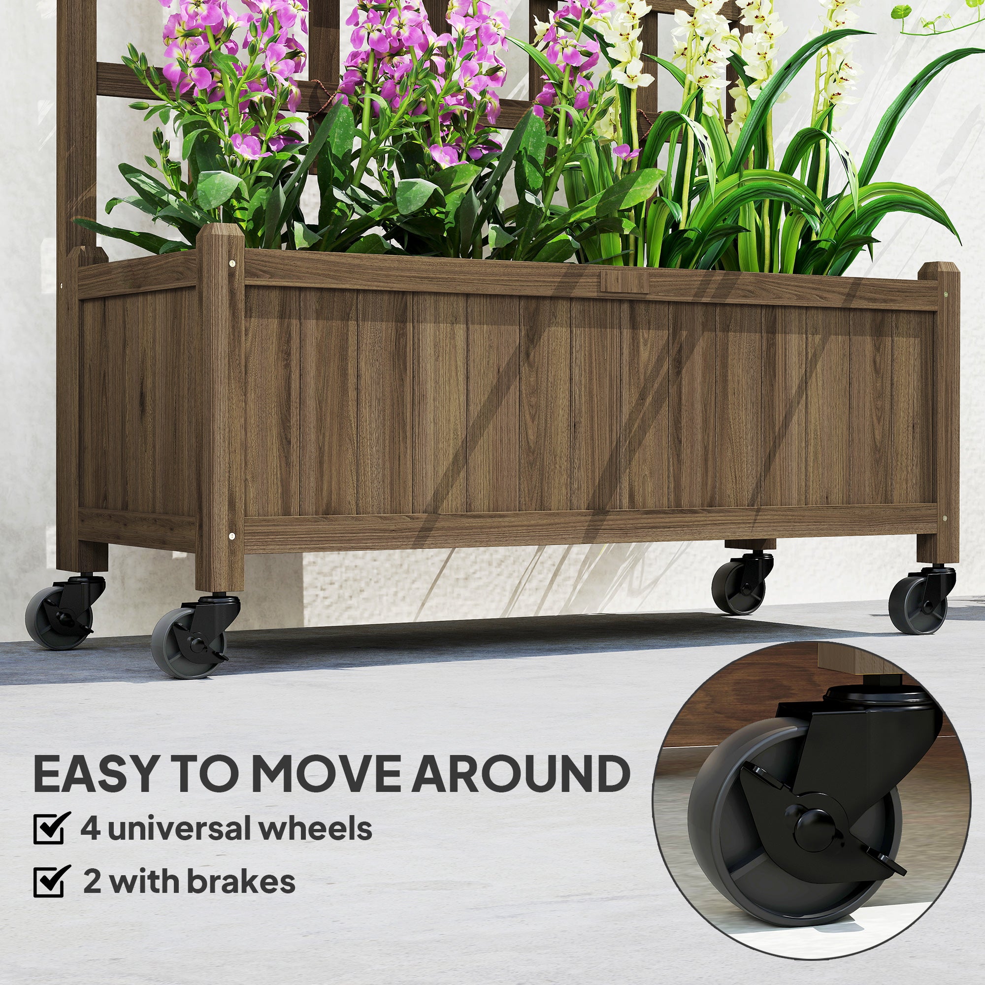 Outsunny Wooden Trellis Planter, Raised Garden Bed with Wheels and Bed Liner, to Climb and Grow Vegetables, Herbs and Flowers - North Peak Garden Furniture