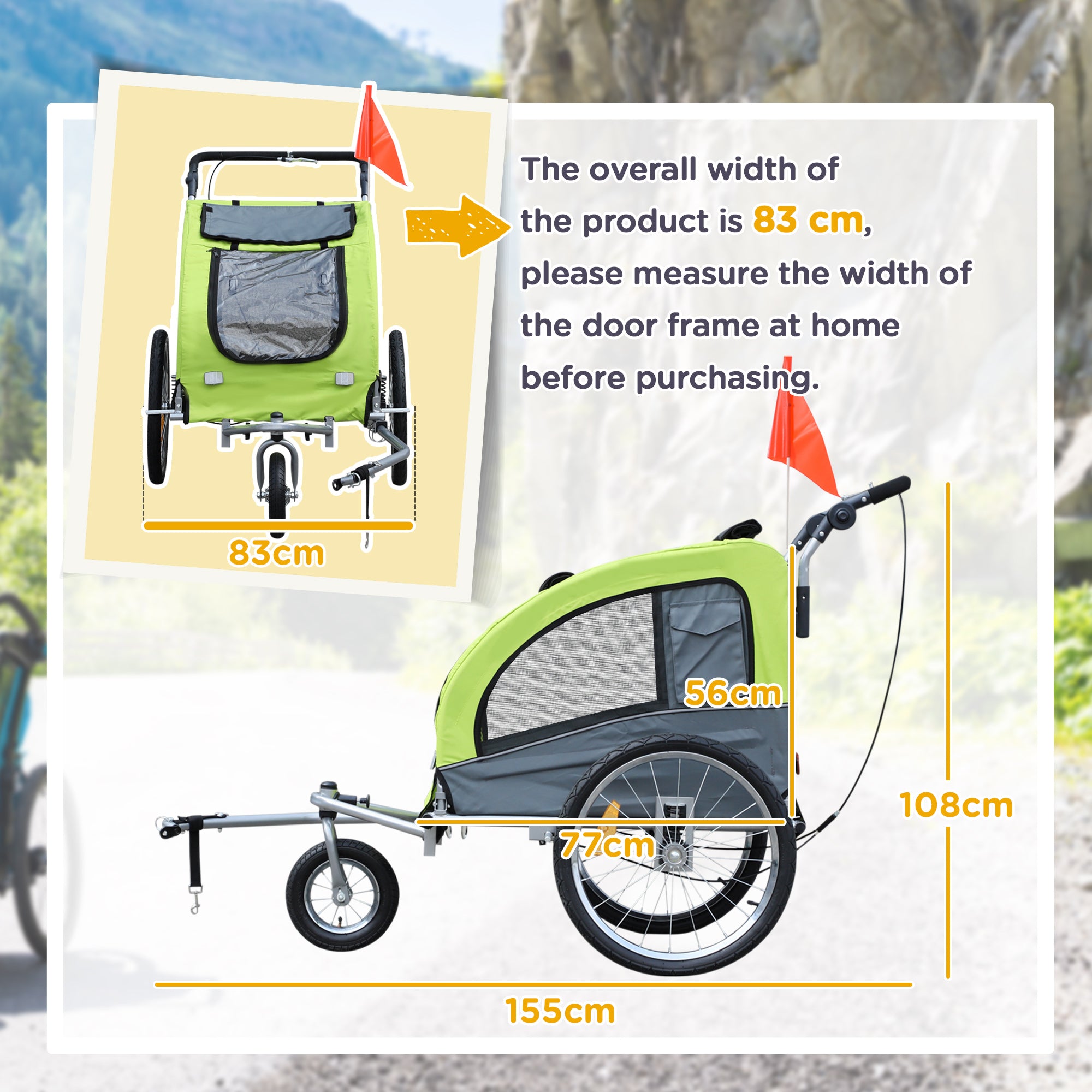 PawHut Dog Bike Trailer Pet Stroller Cart Carrier for Bicycle 360° Rotatable with Reflectors 3 Wheels Hitch Coupler Push/ Pull/ Brake Water Resistant Green