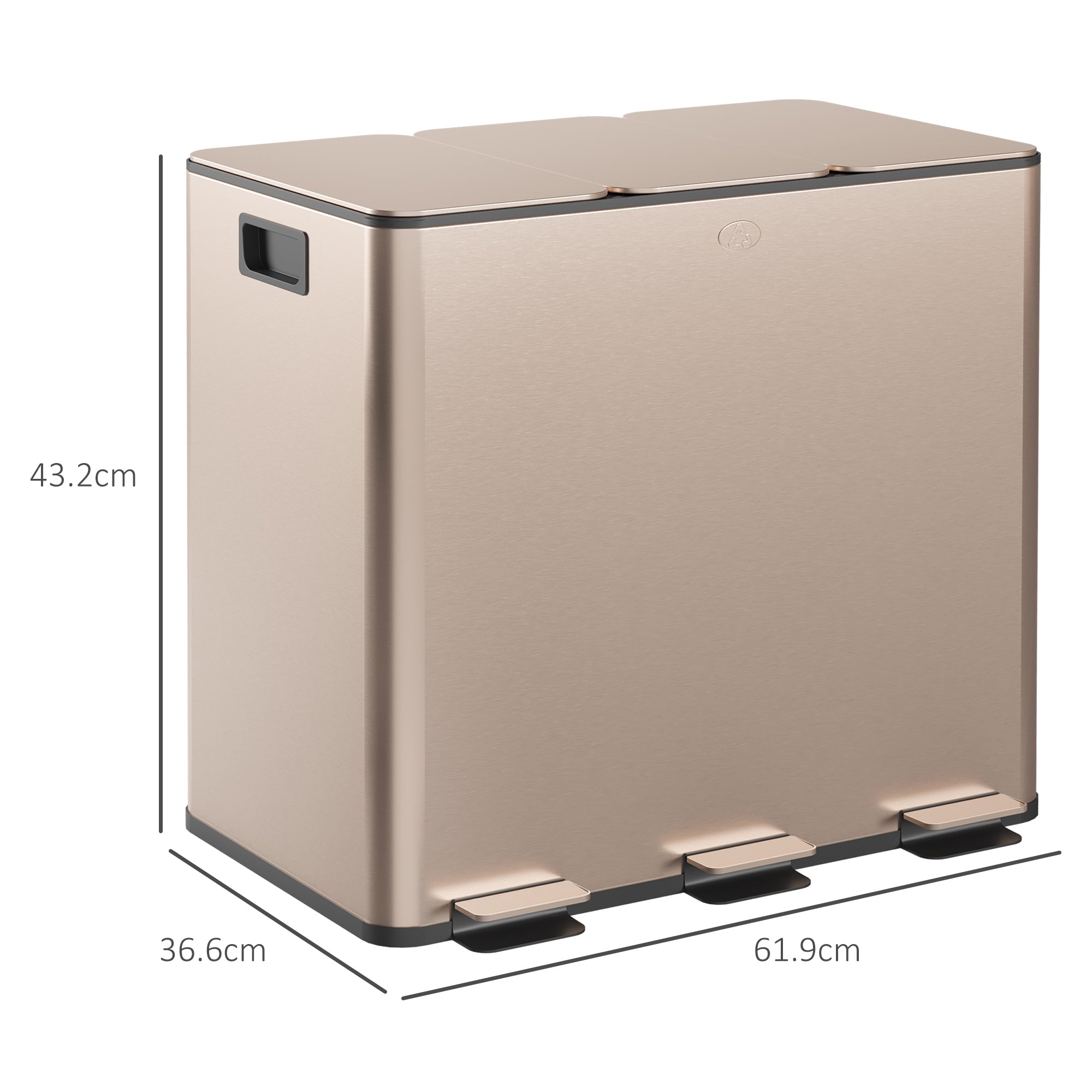 HOMCOM 45L Triple Compartment Stainless Steel Bin, with Deodoriser Holders - Gold Tone - North Peak Garden Furniture