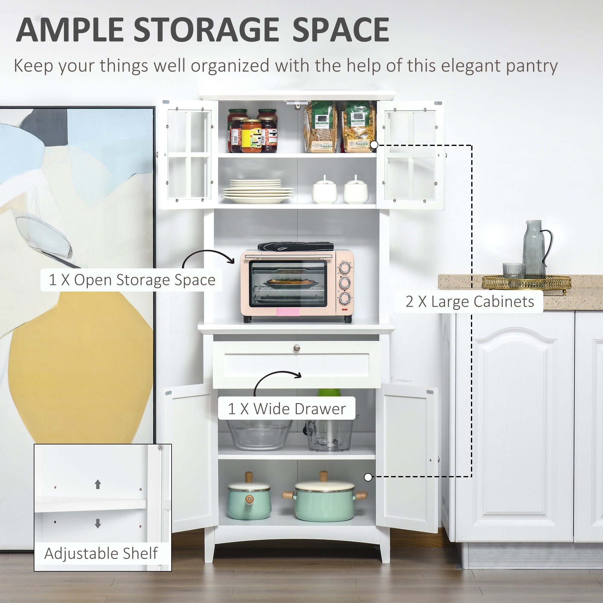 HOMCOM Kitchen Cupboard, Wooden Storage Cabinet with Framed Glass Door, Drawer, Microwave Space for Dining and Living Room, White