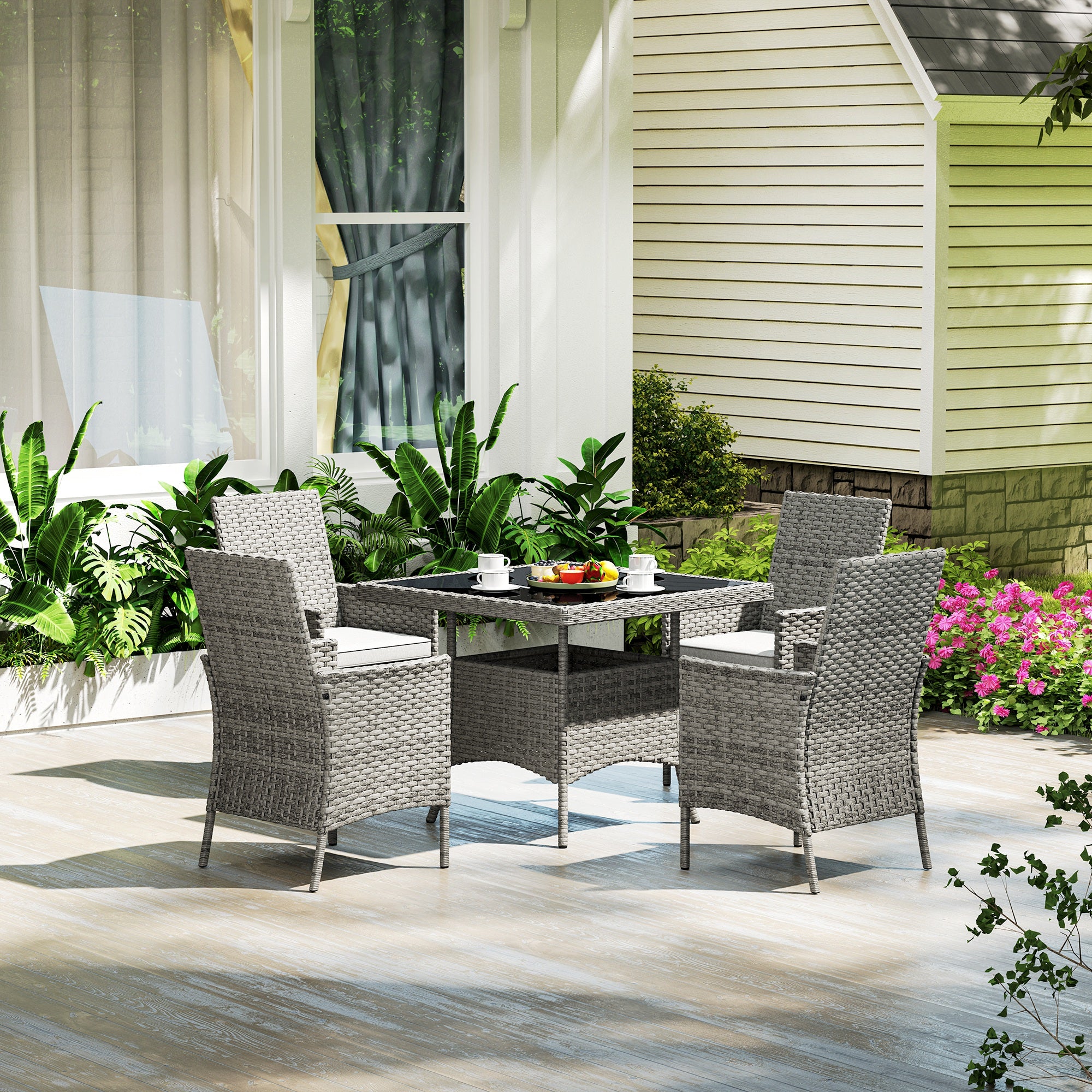 Outsunny Rattan Garden Furniture Set, Outdoor Dining Table and Chairs 4 Seater with Cushions, Square Tempered Glass Top, 4 Armchairs, for Balcony, Terrace, Conservatory, Grey