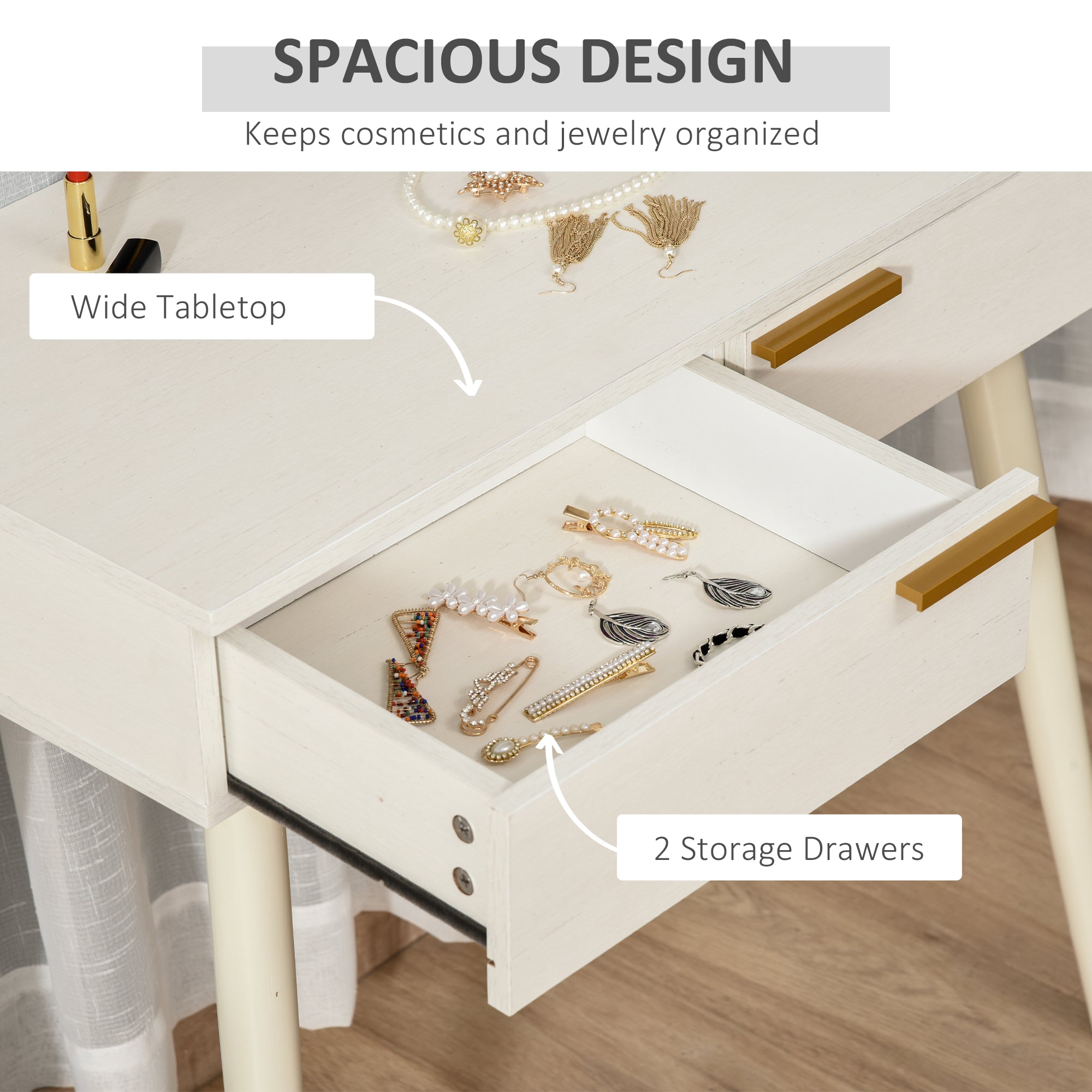 HOMCOM Modern Dressing Table with Round Mirror, Makeup Vanity Table with 2 Drawers for Bedroom, Living Room, White - North Peak Garden Furniture