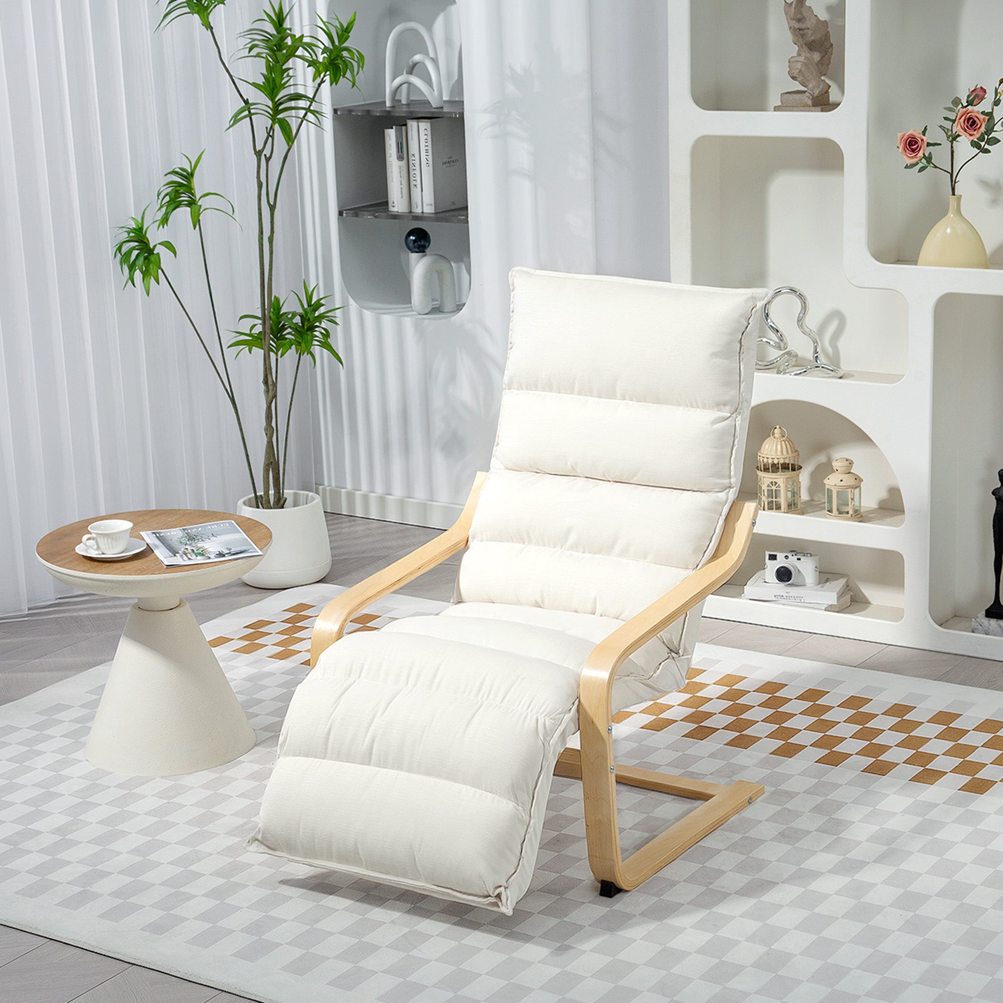 HOMCOM Curved Wooden Accent Chair, with Adjustable Footrest - Cream White - North Peak Garden Furniture