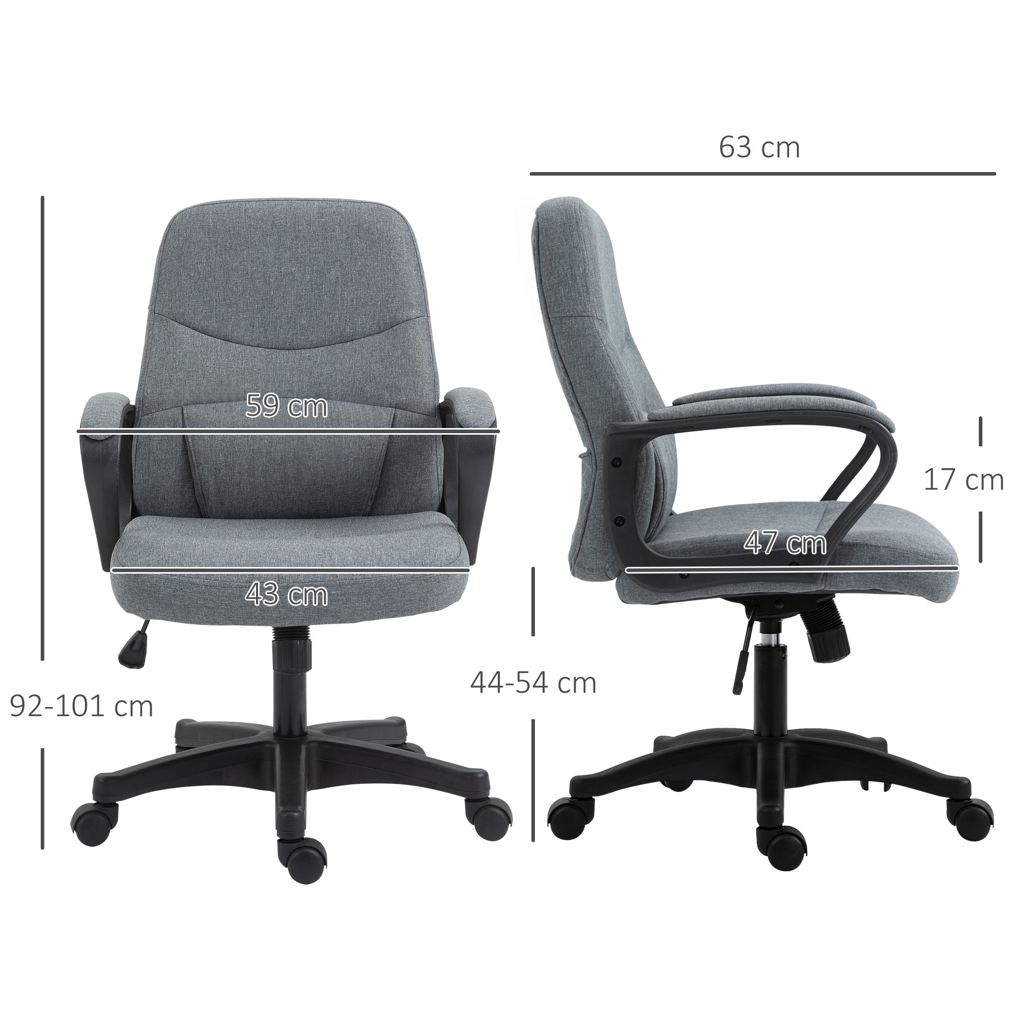 Vinsetto Office Chair, Fabric Desk Chair Mid Back Work Study Chair with Massage Lumbar Support, Adjustable Height and Swivel Wheels, Grey - North Peak Garden Furniture