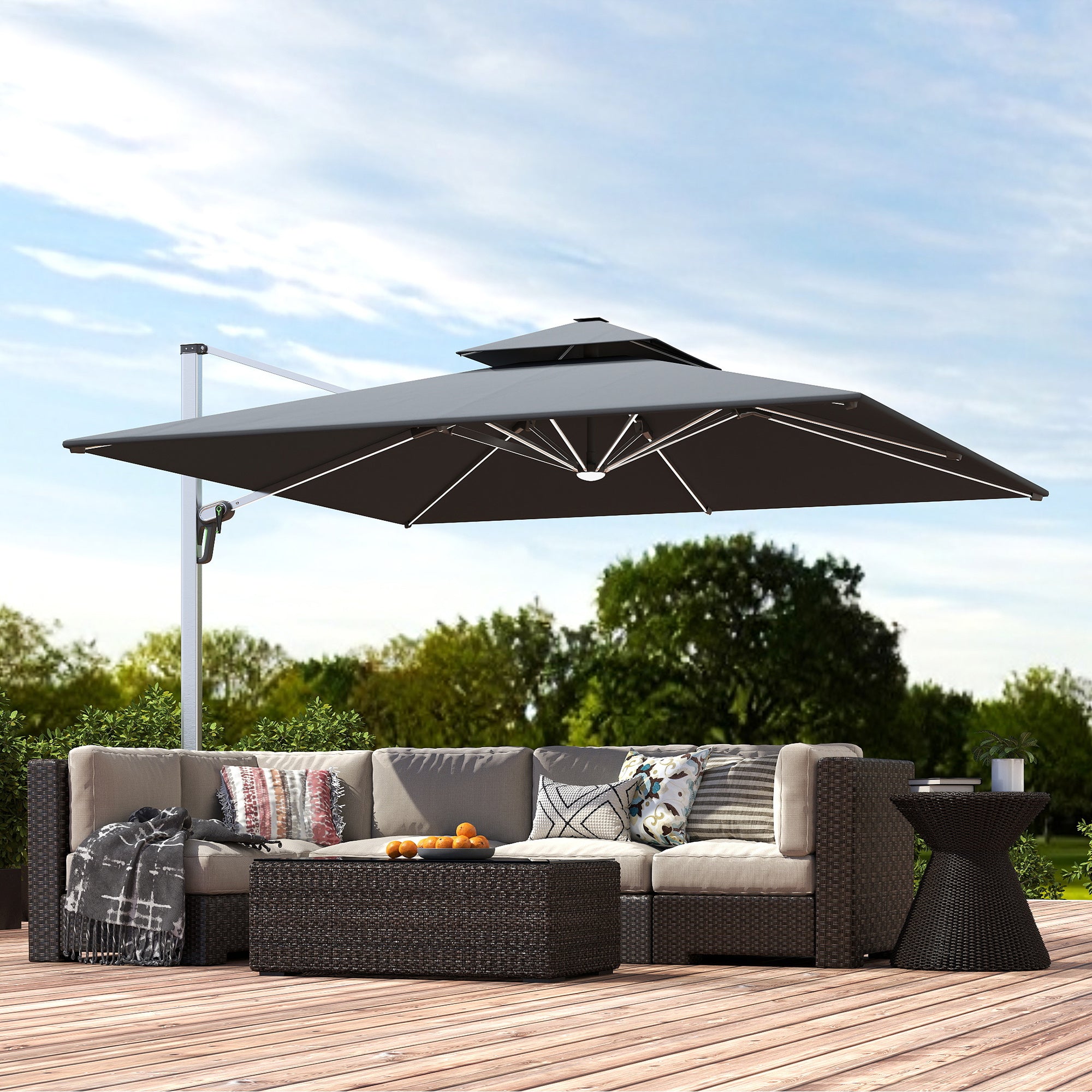 Outsunny 3(m) Garden Cantilever Parasol with Solar LED Lights, Cross Base, 360° Rotation, Crank Handle and Tilt, Grey