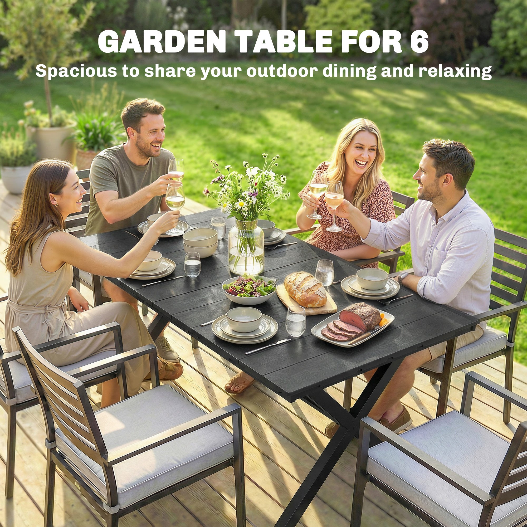 Outsunny Garden Dining Table for 6, Rectangular Outdoor Table with Wood Effect HDPE Top, X-Shaped Metal Legs, Black