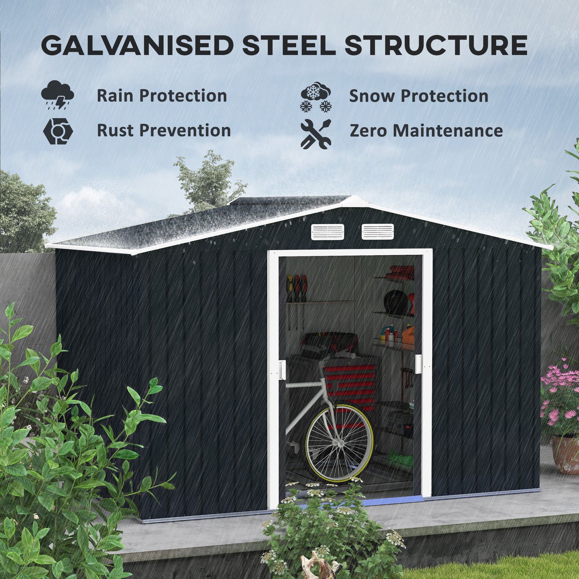 Outsunny 9 x 6ft Metal Garden Shed, Outdoor Storage Tool House with Ventilation Slots, Foundation Kit and Lockable Double Doors, Dark Grey