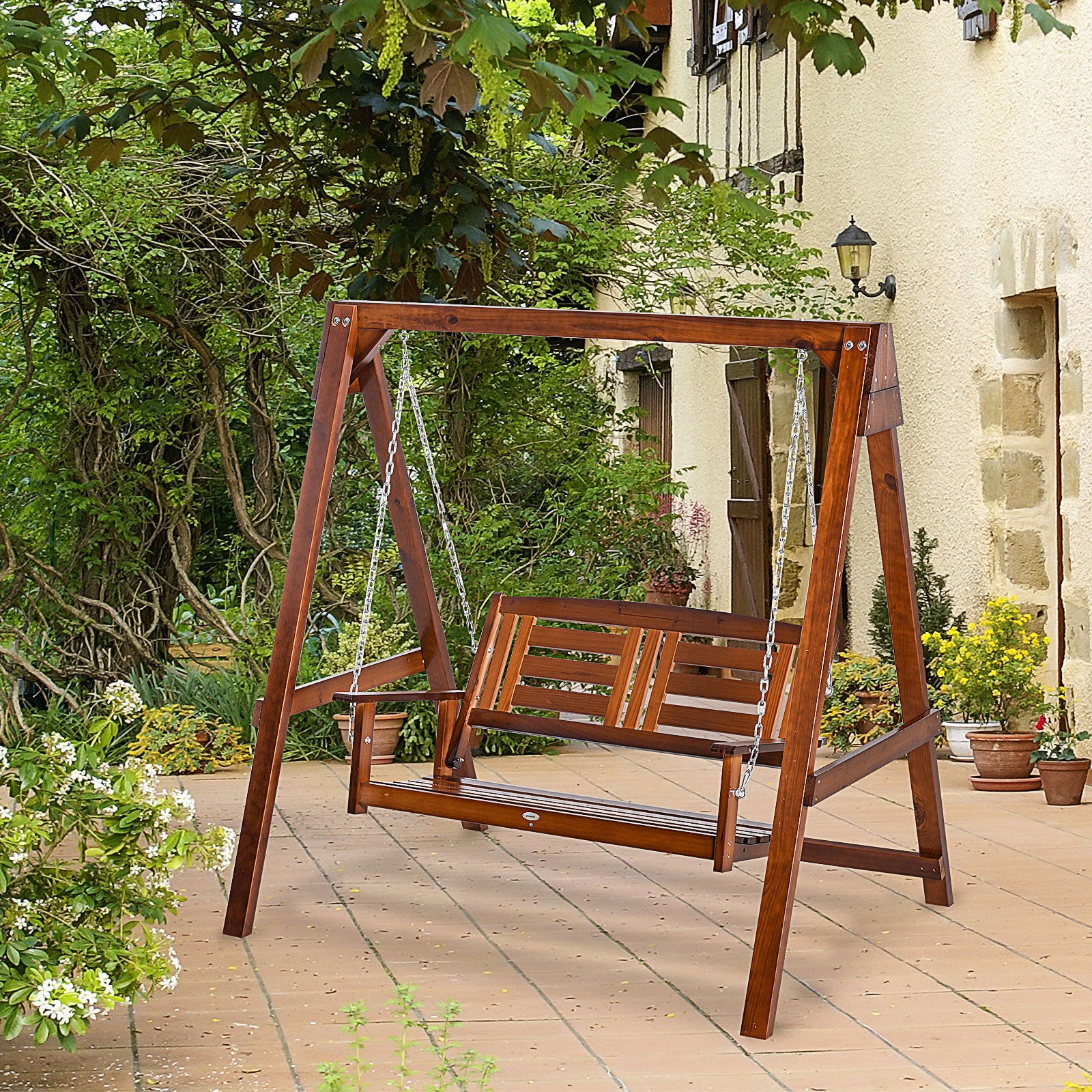 Outsunny 2 Seater Outdoor Garden Swing Chair Wooden Hammock Bench for Porch Patio Yard