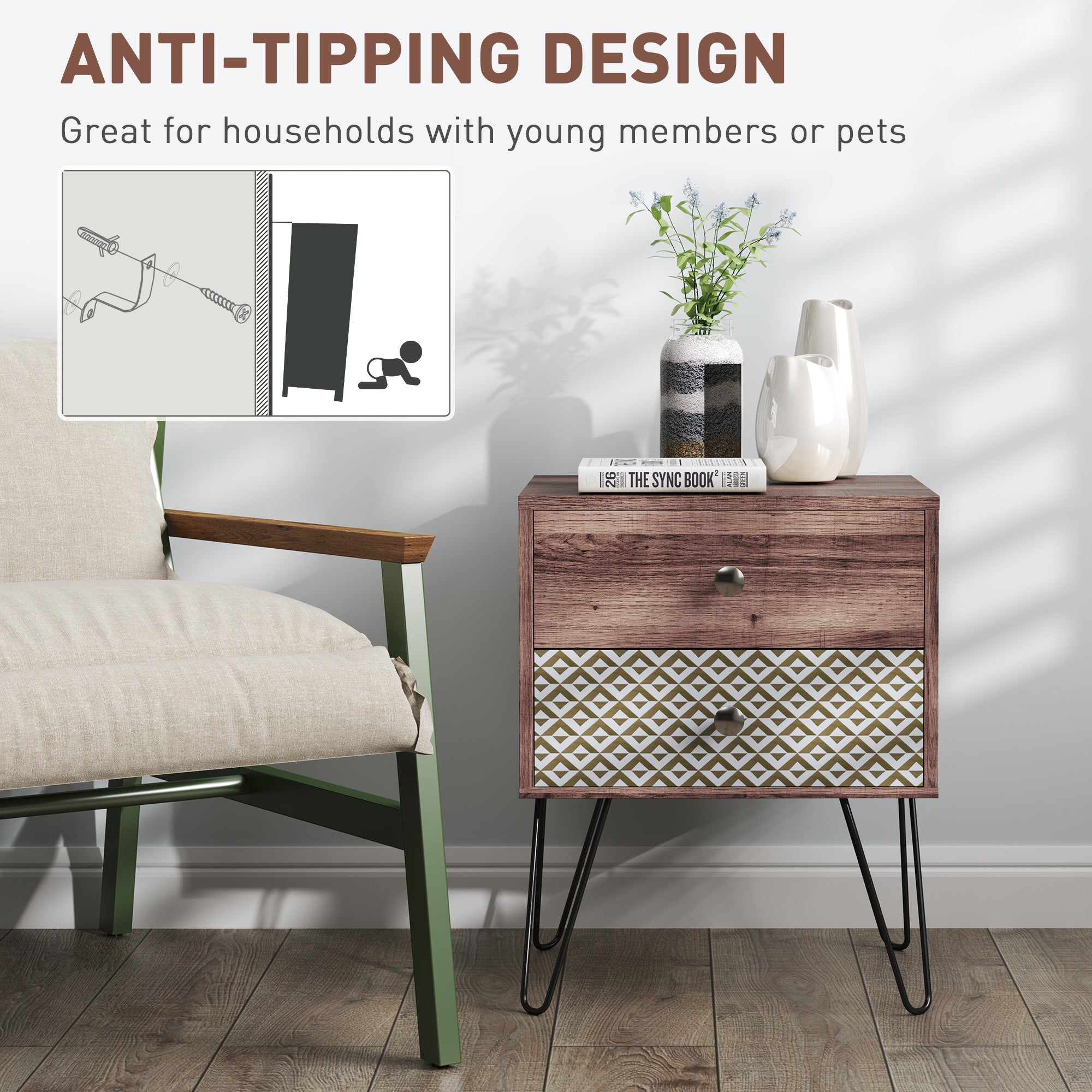 HOMCOM Nightstand, 2-Drawer Bedside Table, Bedside Cabinet, Sofa End Side Table for Living Room, Bedroom, Rustic Brown - North Peak Garden Furniture