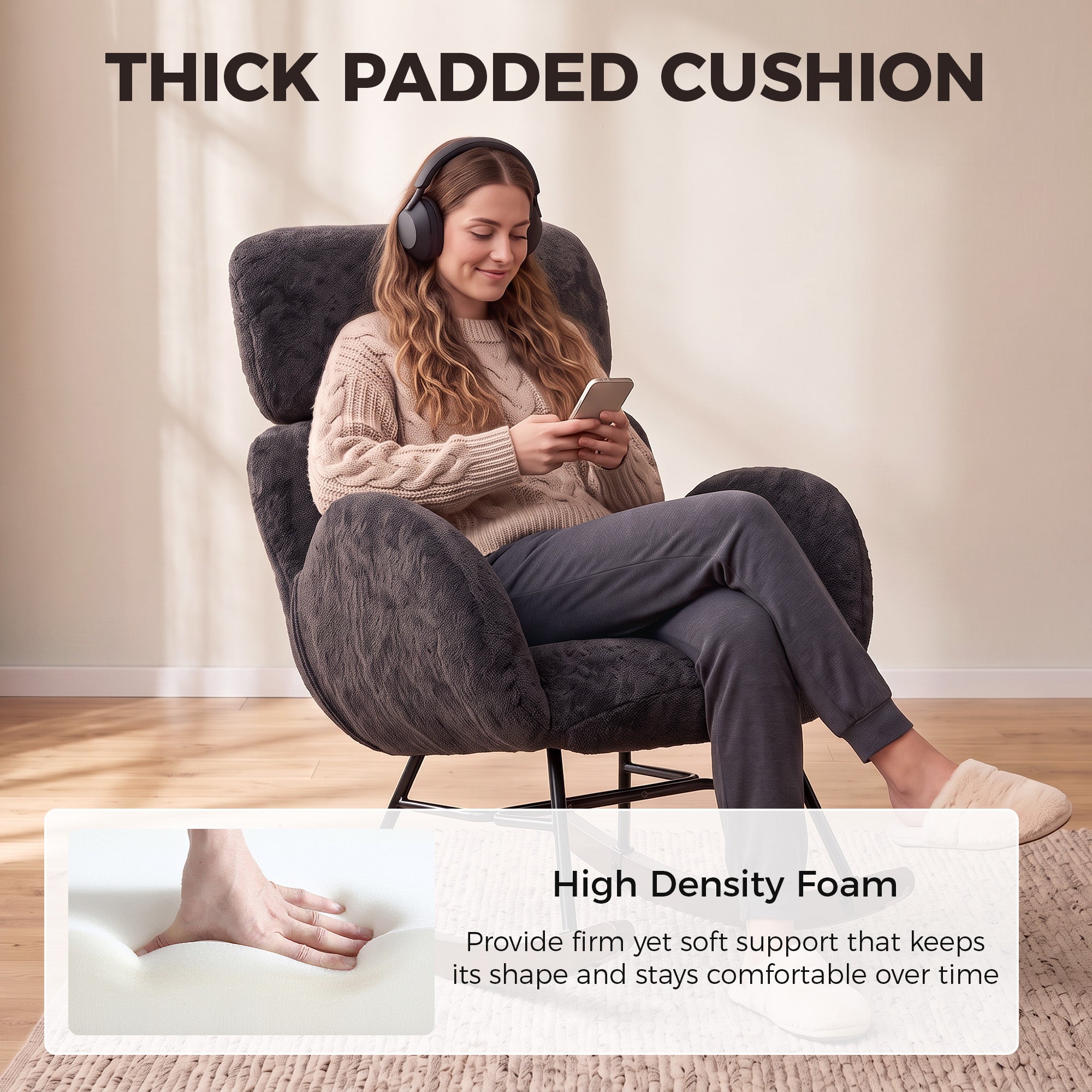 HOMCOM Upholstered Rocking Chair Adjustable Headrest Rocker Chair Raindrop Velvet Rubberwood Base Dark Grey