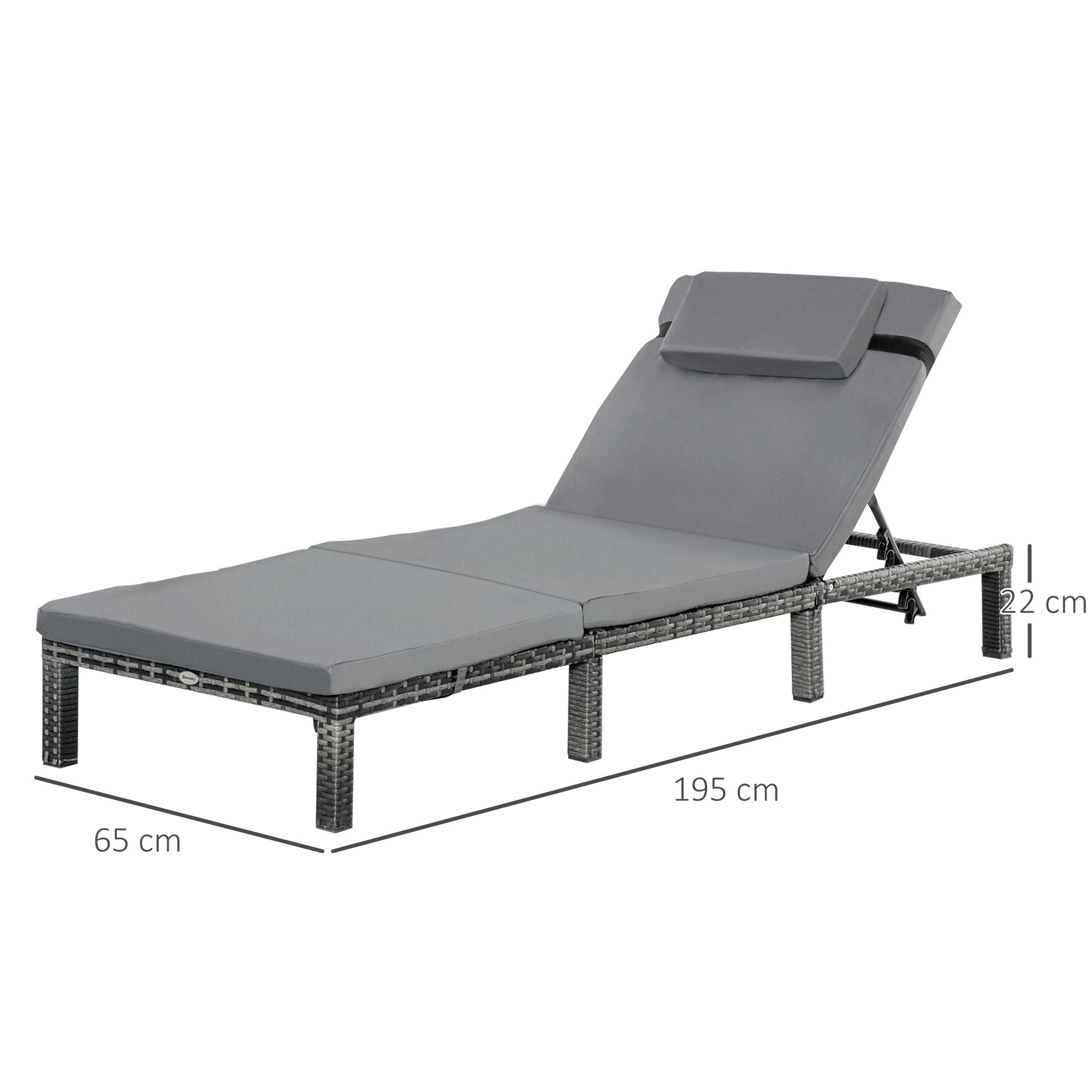 Outsunny PE Rattan Sun Lounger with Soft Padded Cushion, Patio 5-level Reclining Sun Lounger with Headrest, Grey - North Peak Garden Furniture