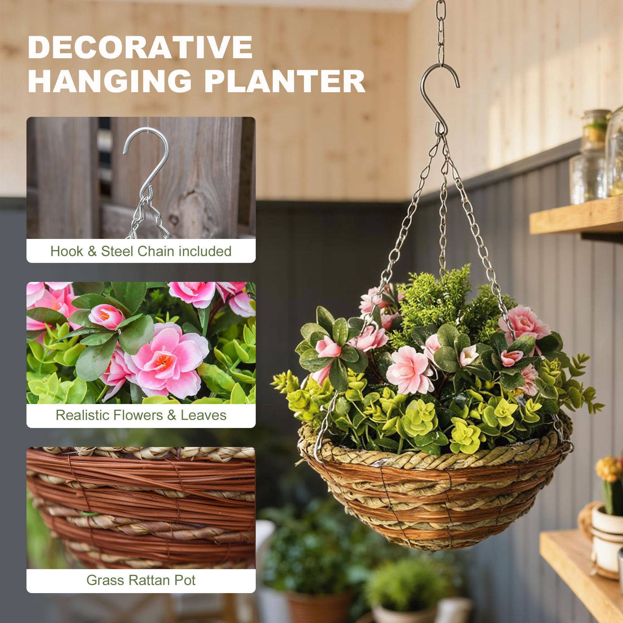 Outsunny Pack of 2 Faux Plant Artificial Lisianthus Flowers Hanging Planter with Basket for Indoor Outdoor Decoration, Pink