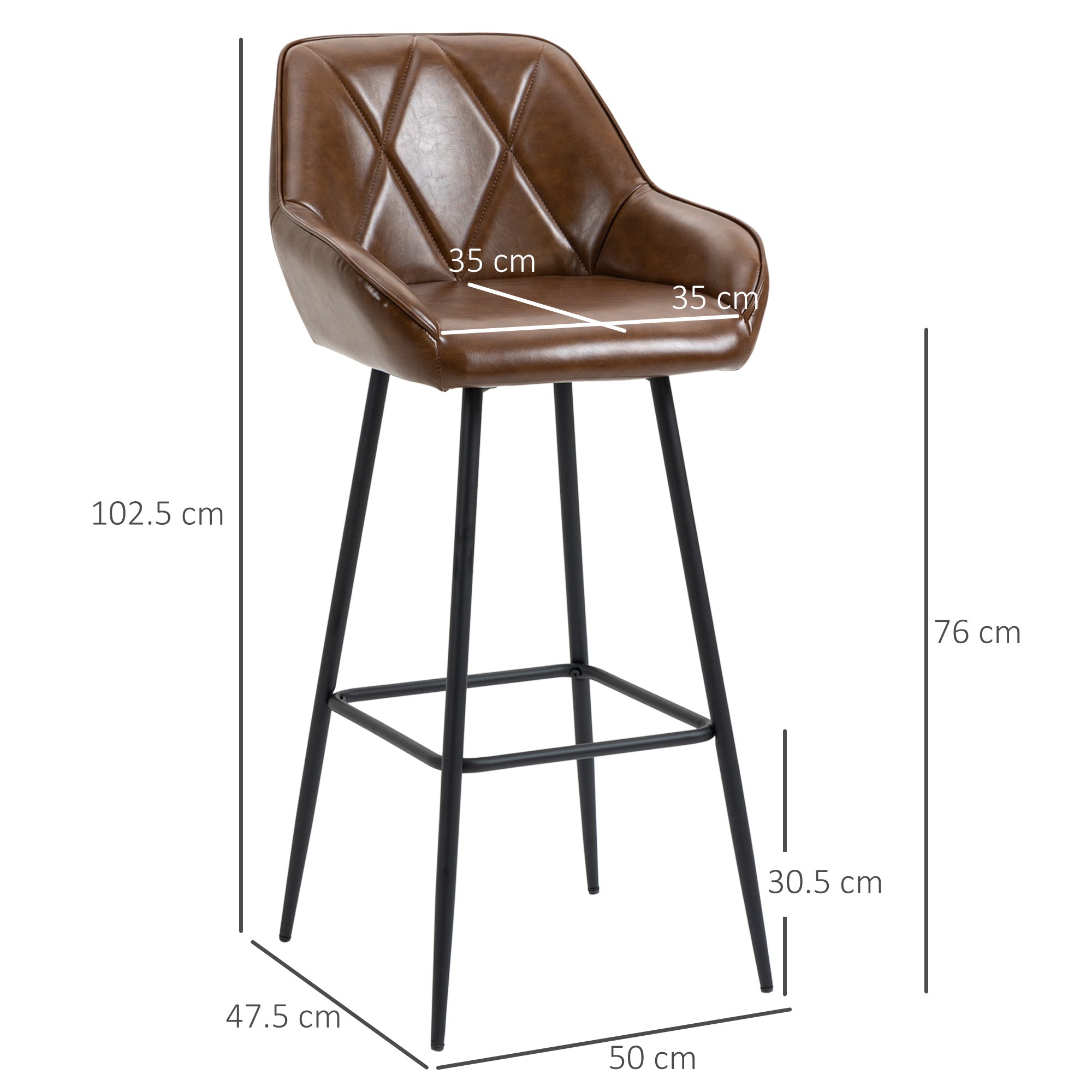 HOMCOM Retro Bar Stools Set of 2, Breakfast Bar Chairs with Footrest, Kitchen Stools with Backs and Steel Legs, for Dining Area and Home Bar, Brown - North Peak Garden Furniture