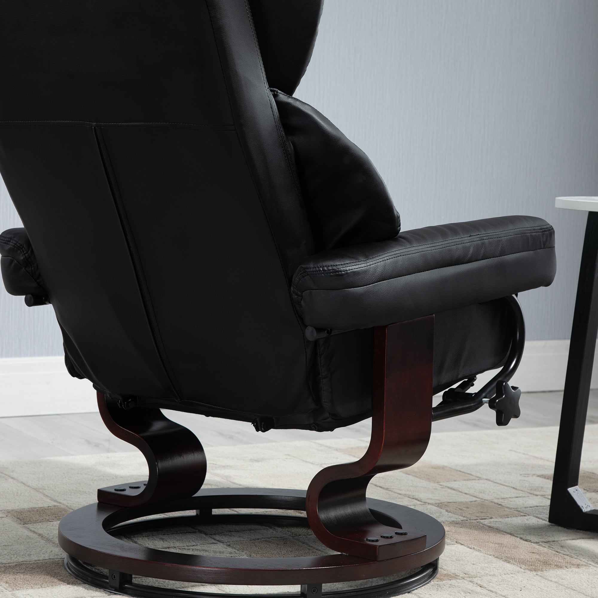 HOMCOM Faux Leather Recliner Chair and Footstool, Swivel Upholstered Armchair and Footstool with Adjustable Backrest, Solid Wood Base for Living Room, Black - North Peak Garden Furniture