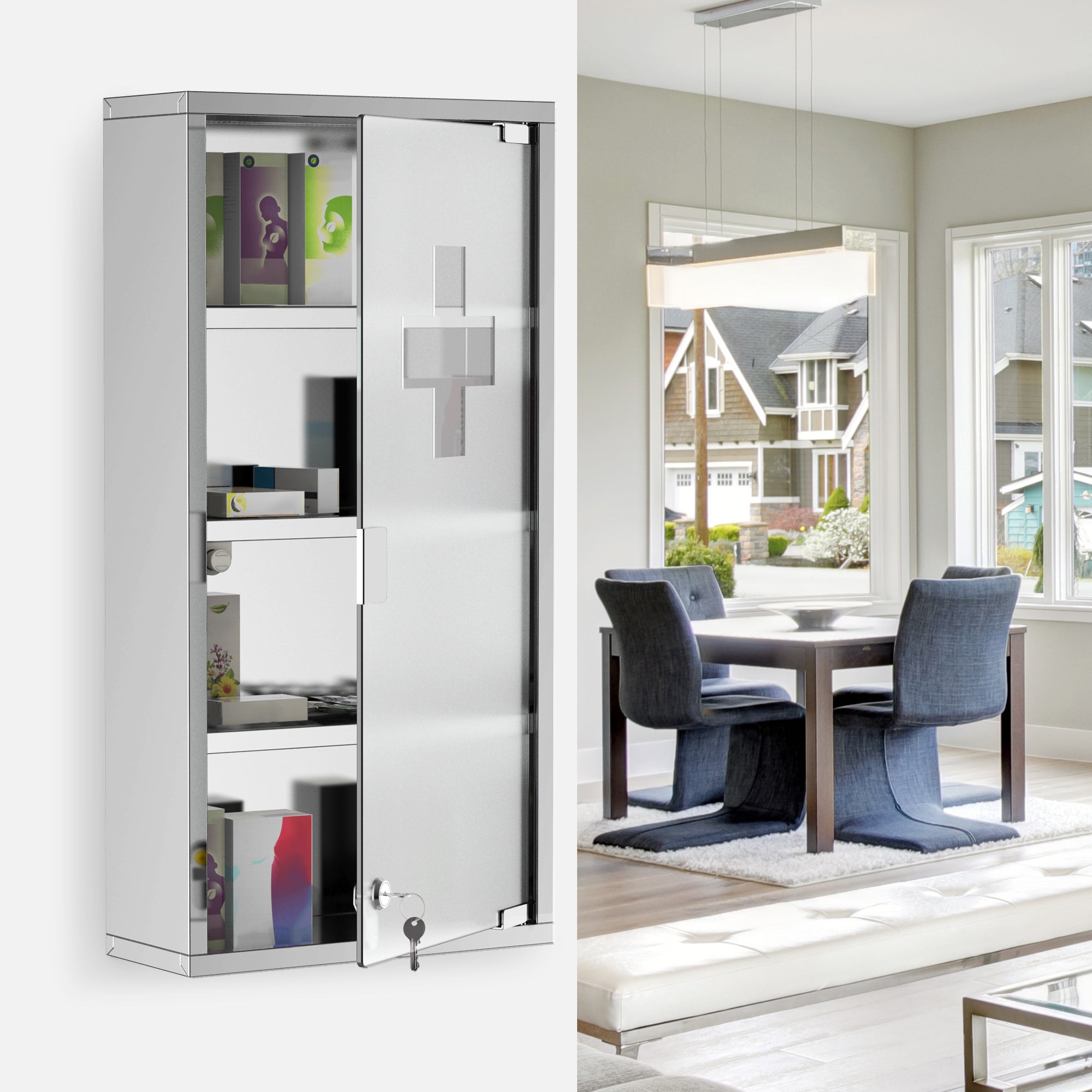 HOMCOM 4 Tier Stainless Steel Wall Mounted Medicine Cabinet Glass Lockable Door Storage Shelves Houseware Bathroom Furniture 60Hx30Wx12D(cm) w/2 Keys - North Peak Garden Furniture