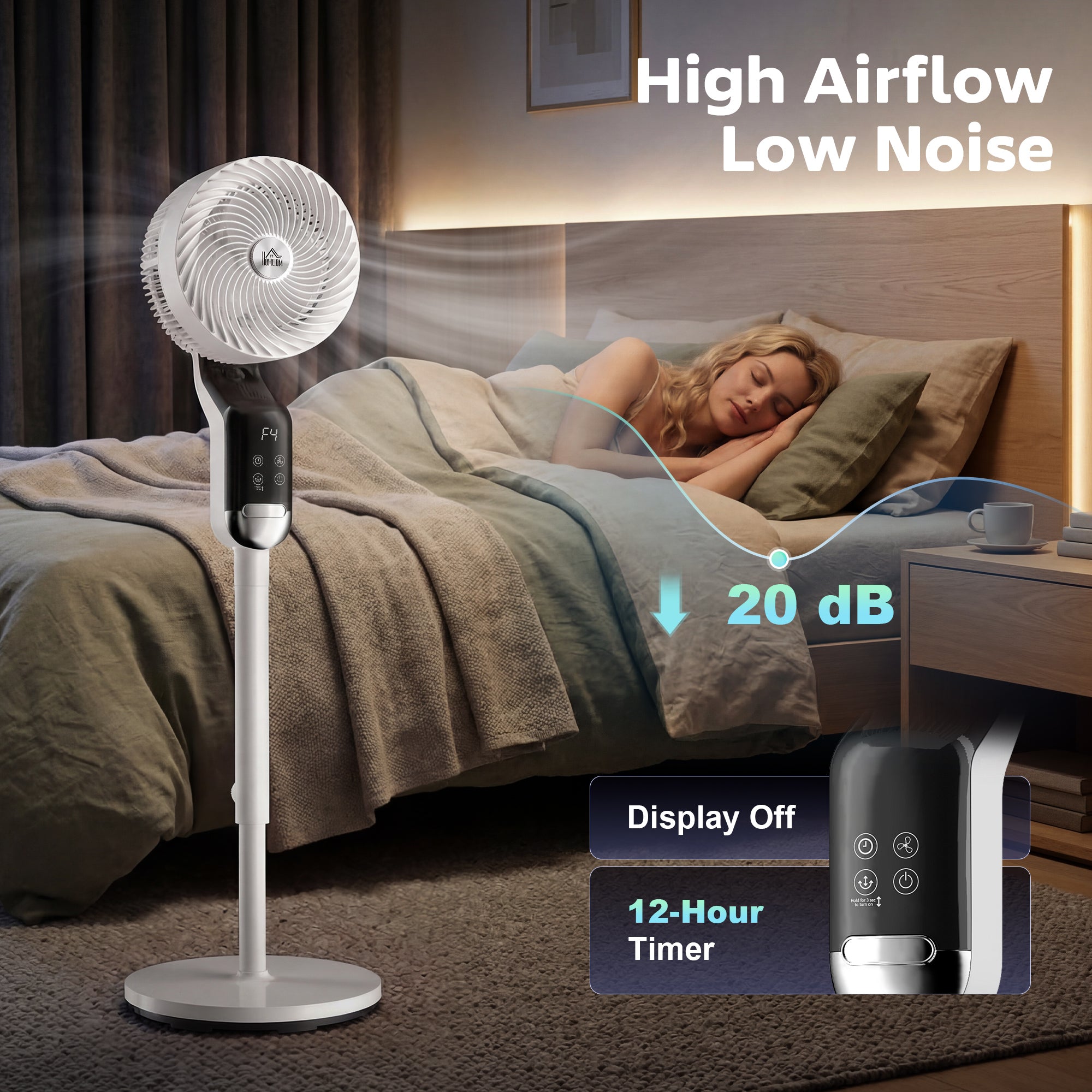HOMCOM 20 dB Silent Standing Fan, 41" Pedestal Fan with Remote, 85° Oscillating, 8 Speeds, Adjustable Height, 12H Timer