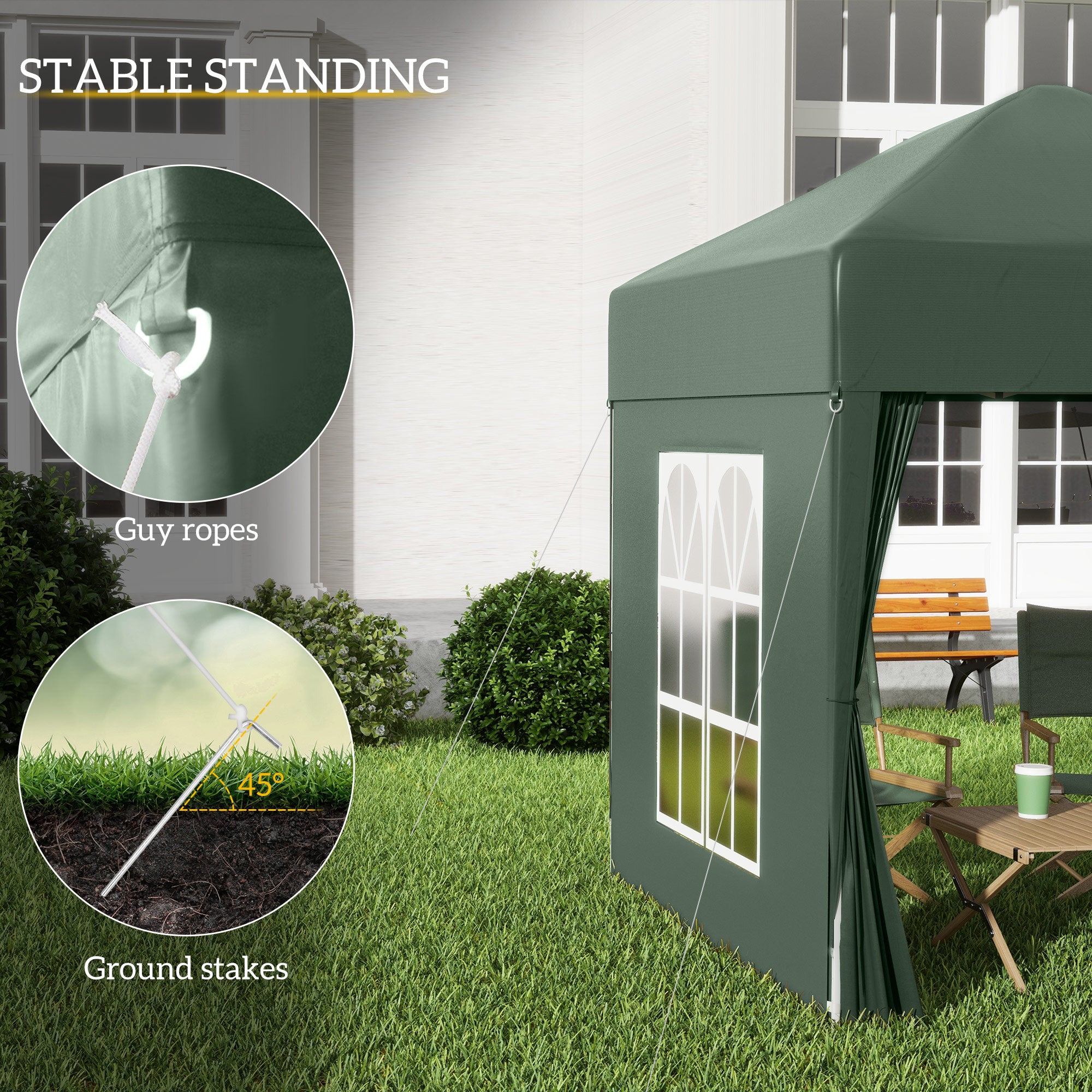 Outsunny 2 x 2 m Garden Pop Up Gazebo, Wedding Party Tent Marquee, Water Resistant Awning Canopy with Sidewalls, Windows, Carry Bag, Green - North Peak Garden Furniture