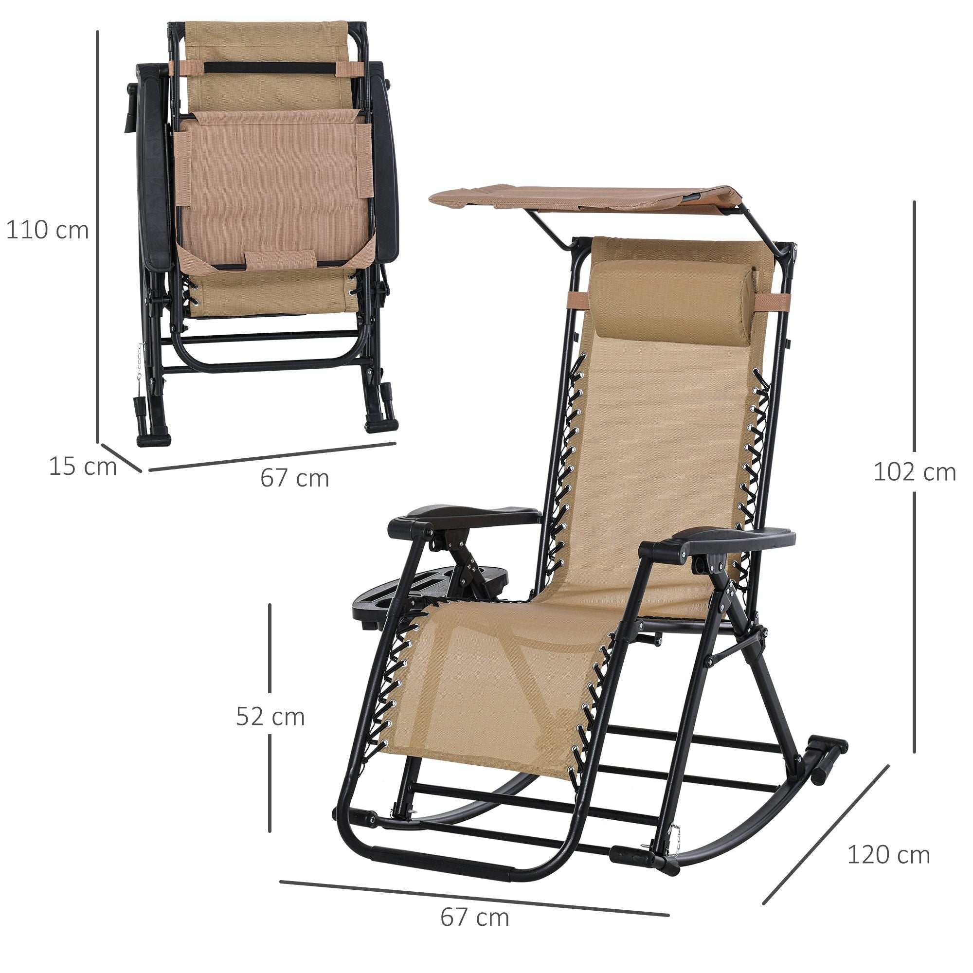Outsunny Garden Rocking Chair Folding Recliner Outdoor Adjustable Sun Lounger Rocker Zero-Gravity Seat with Headrest Side Holder Patio Deck - Beige - North Peak Garden Furniture