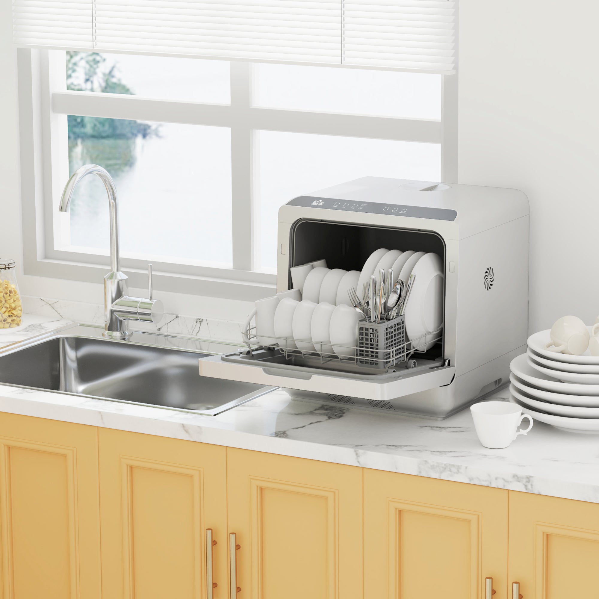 HOMCOM Tabletop Dishwasher, Mini Countertop Dishwasher with 4 Place Settings, 6 Programs, 6L Water Tank, Touch Control, LED Display, Delay Start, Dual Water Supply and Fruit Wash Mode, Silver Tone - North Peak Garden Furniture