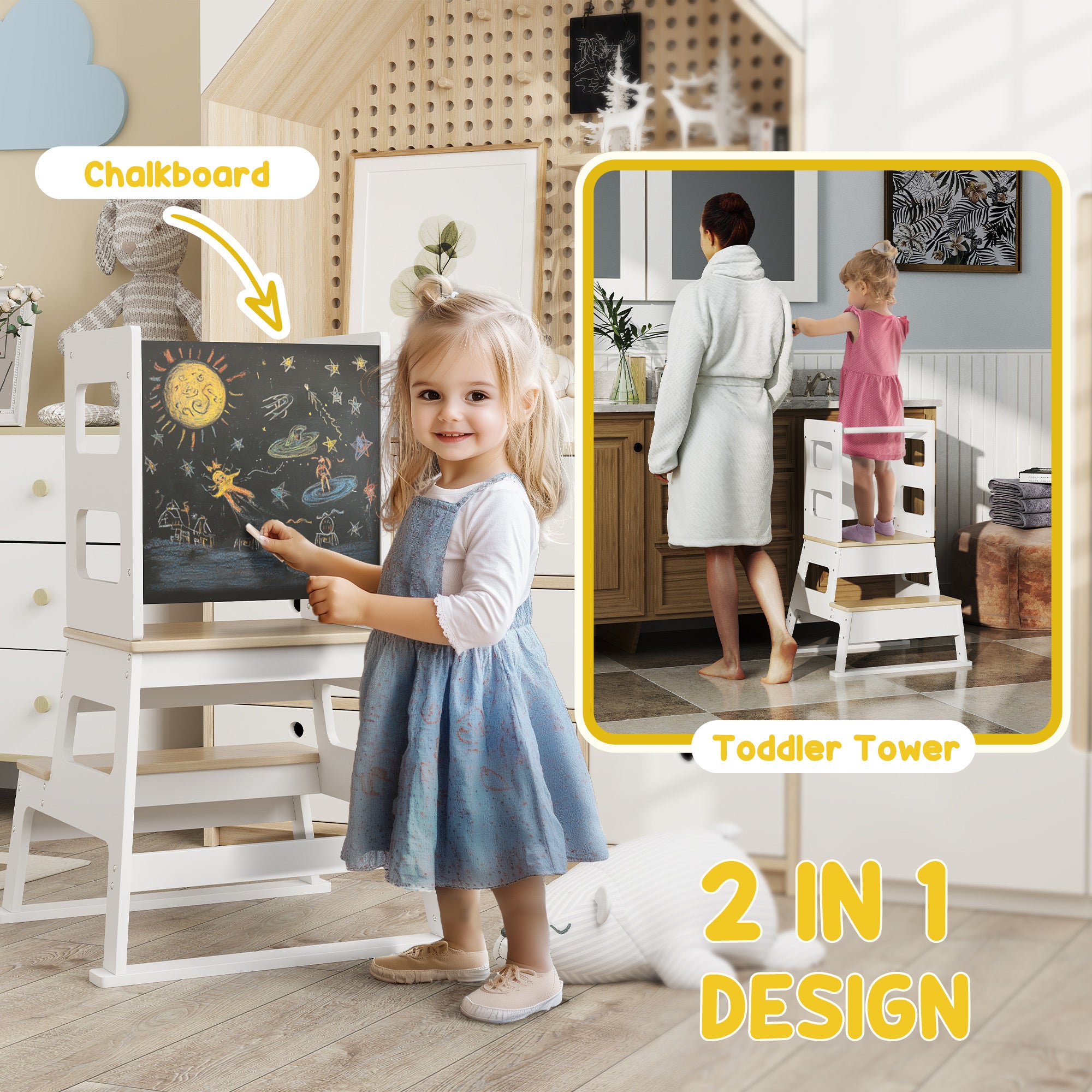 AIYAPLAY 2 in 1 Toddler Tower with Chalkboard, Safety Rail, for Kitchen, Counter, Bathroom, Sink, White