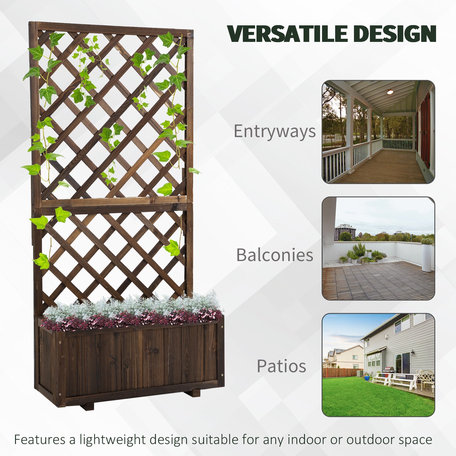 Outsunny 72.5 x 31.5 x 149.5 cm 45L Garden Wooden Pine Trough Planter with Topped Trellis Climbing Plants Flower Raised Bed, Carbonised Finish - North Peak Garden Furniture