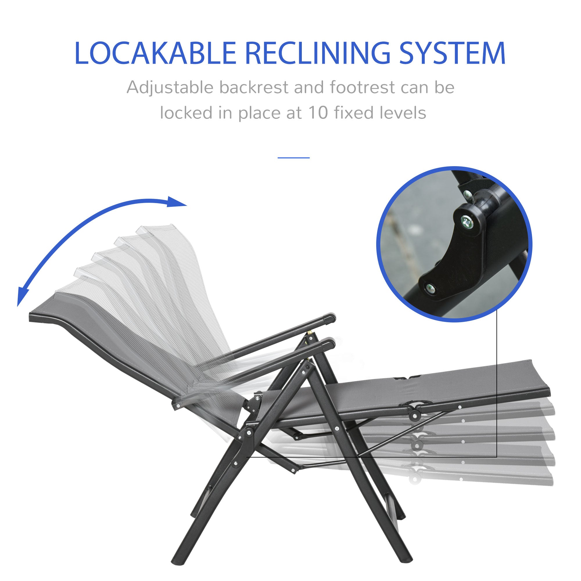 Outsunny Set of 2 Outdoor Sun Lounger 10-Position Adjustable Texteline Folding Reclining Chairs with Footrest for Patio Garden, Grey - North Peak Garden Furniture