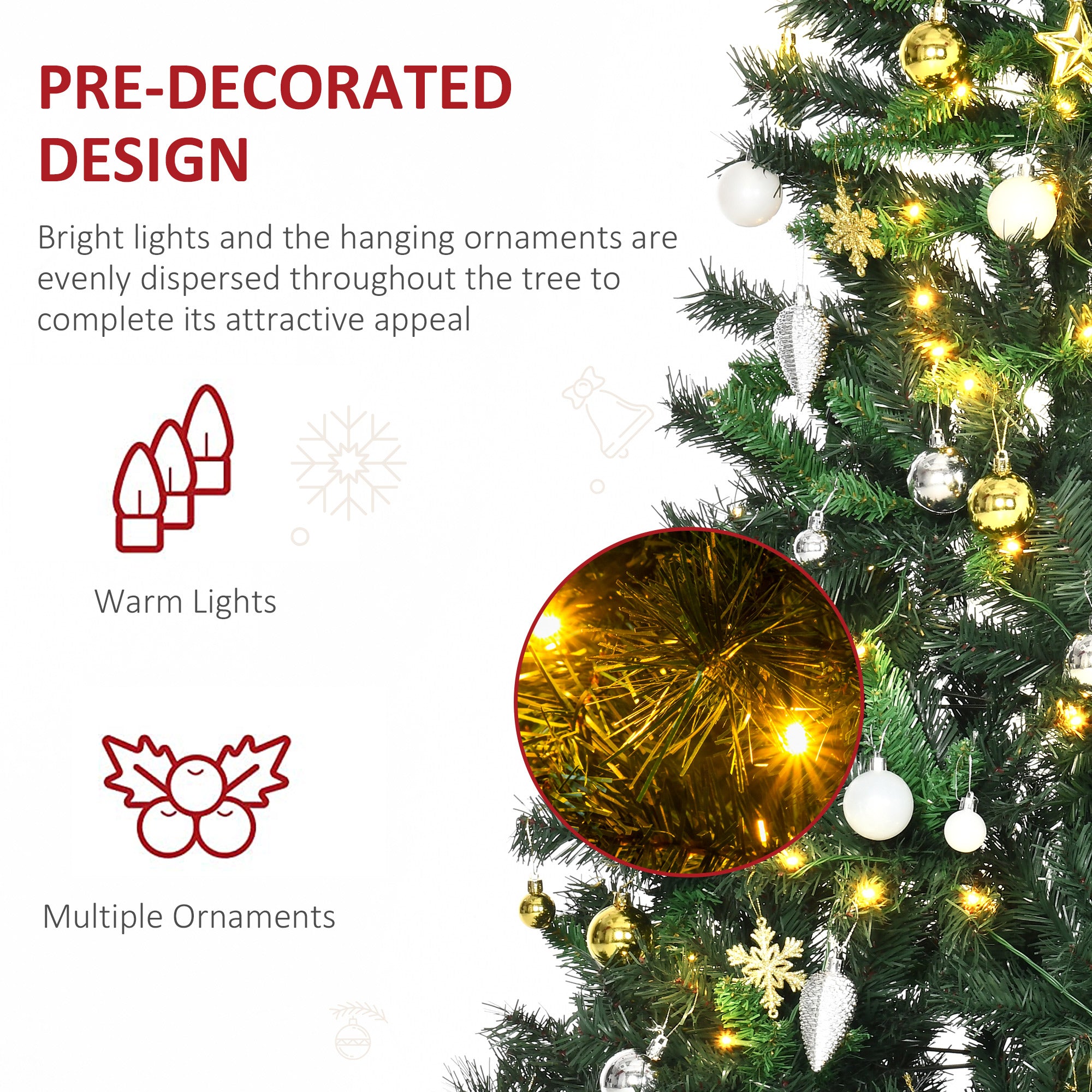 HOMCOM 1.8m 6ft Pre-Lit Artificial Christmas Tree 200 LED Xmas Tree Holiday Décor with Decorative Balls Ornament Metal Stand