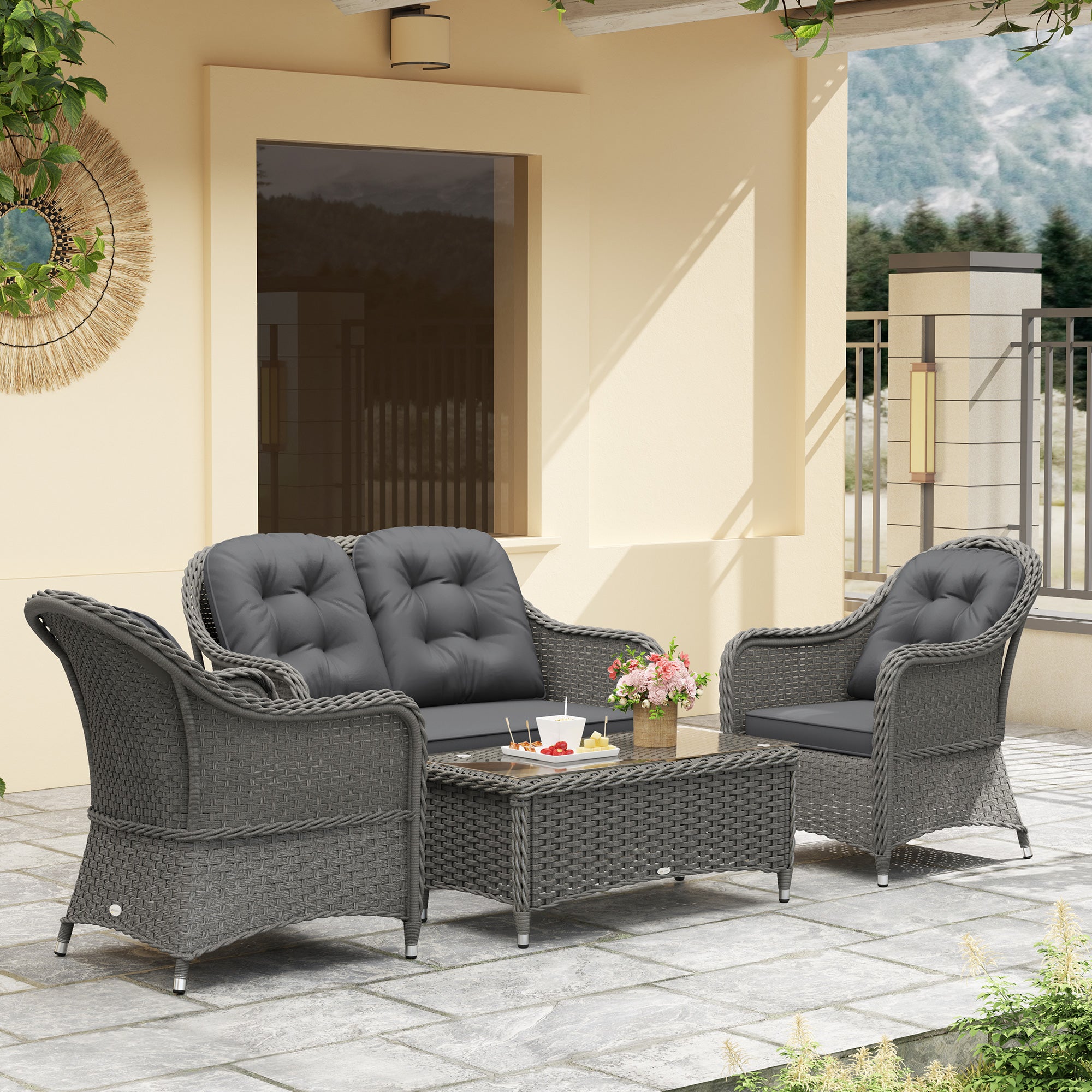 Outsunny Four-Piece Rattan Sofa Set, with Glass-Top Table - Light Grey - North Peak Garden Furniture