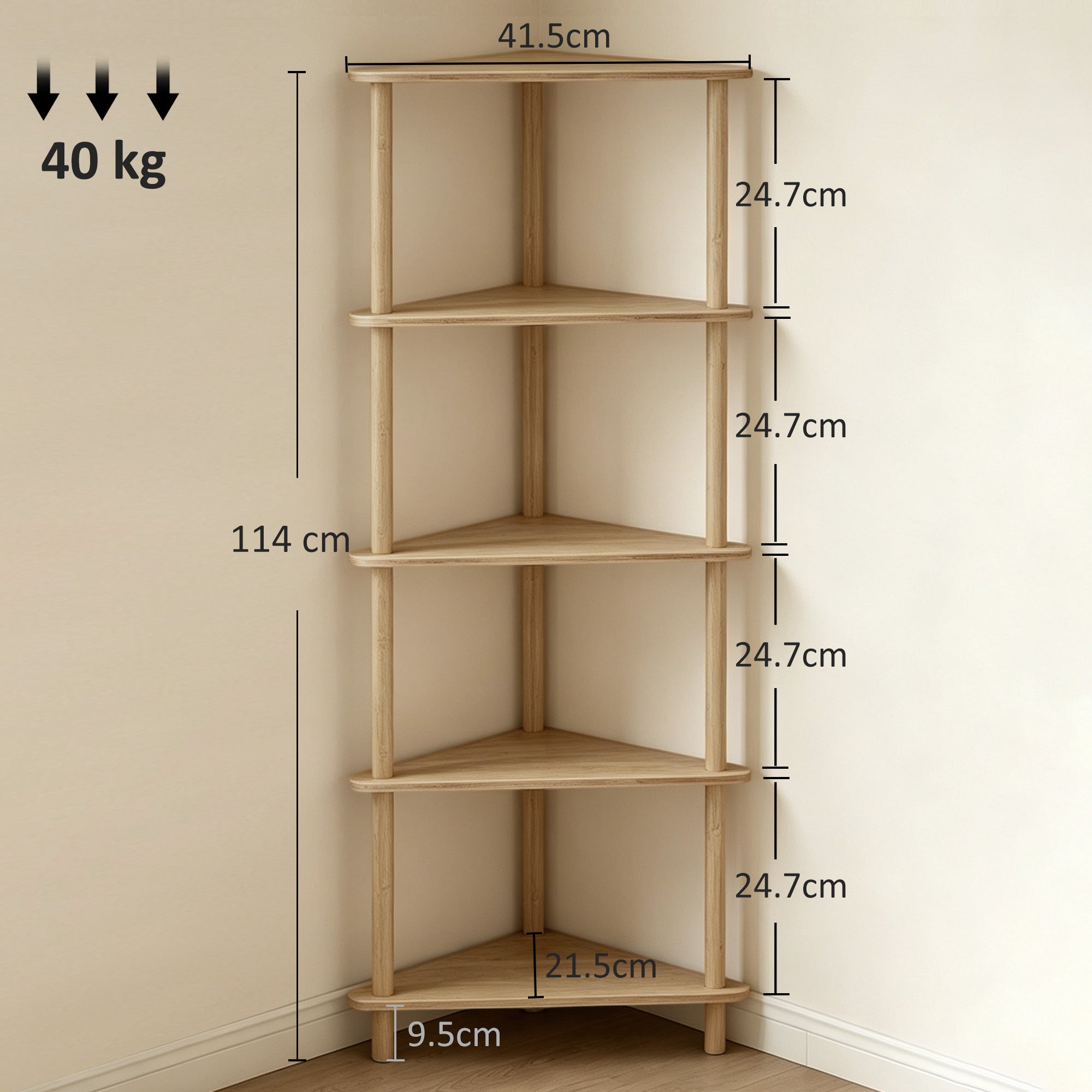 HOMCOM Bamboo Storage Shelf, 5-tier Corner Shelf, Freestanding Shelving Unit for Living Room, Home Office, Natural Wood Finish