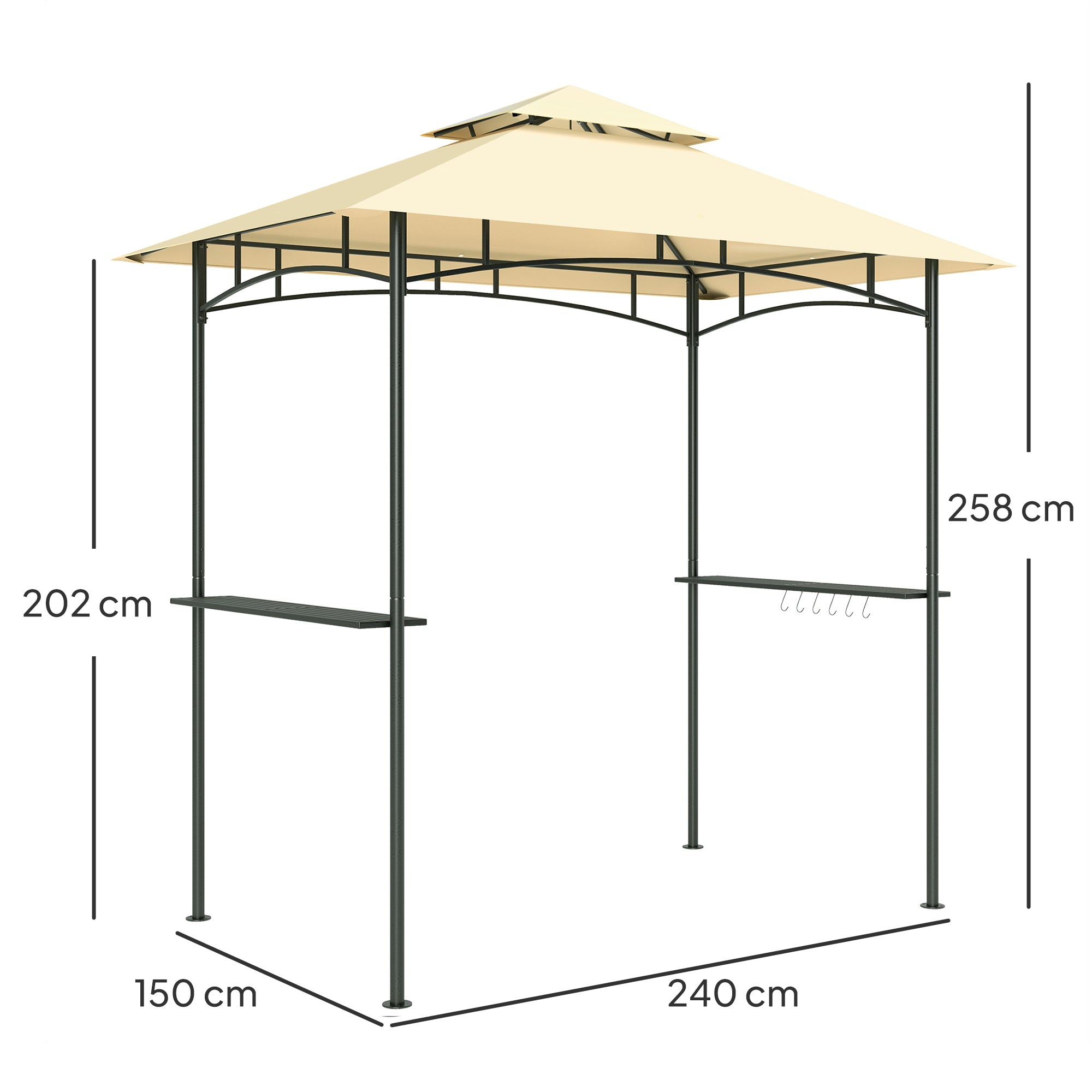 Outsunny 8' x 5' Grill Gazebo, Double Tiered BBQ Gazebo Shelter Canopy with LED Lights, 2 Side Shelves, Hooks, Beige - North Peak Garden Furniture