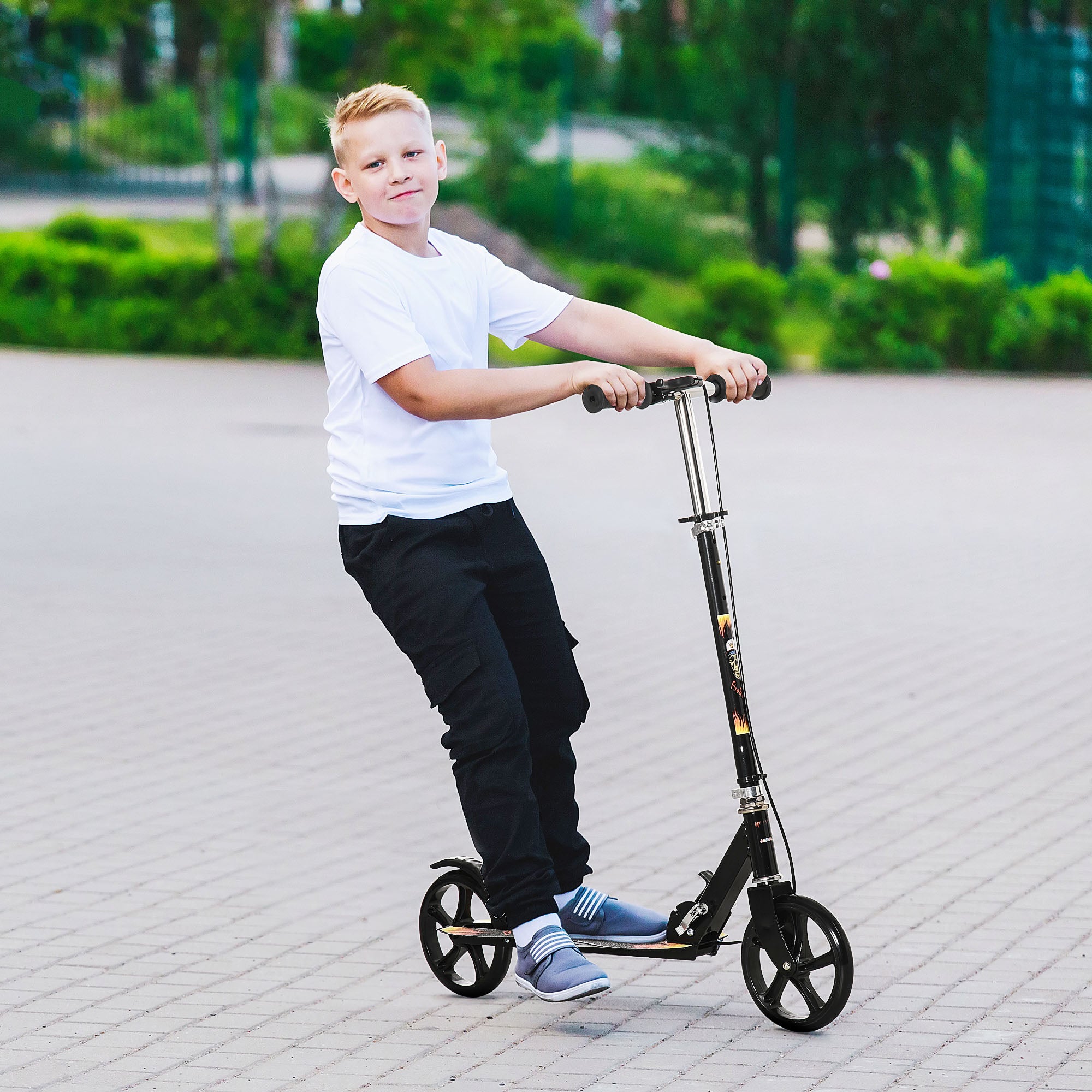 HOMCOM Kids Foldable Kick Scooter w/ Adjustable Height, Break, Big Wheels, for Ages 7-14 Years - Black - North Peak Garden Furniture