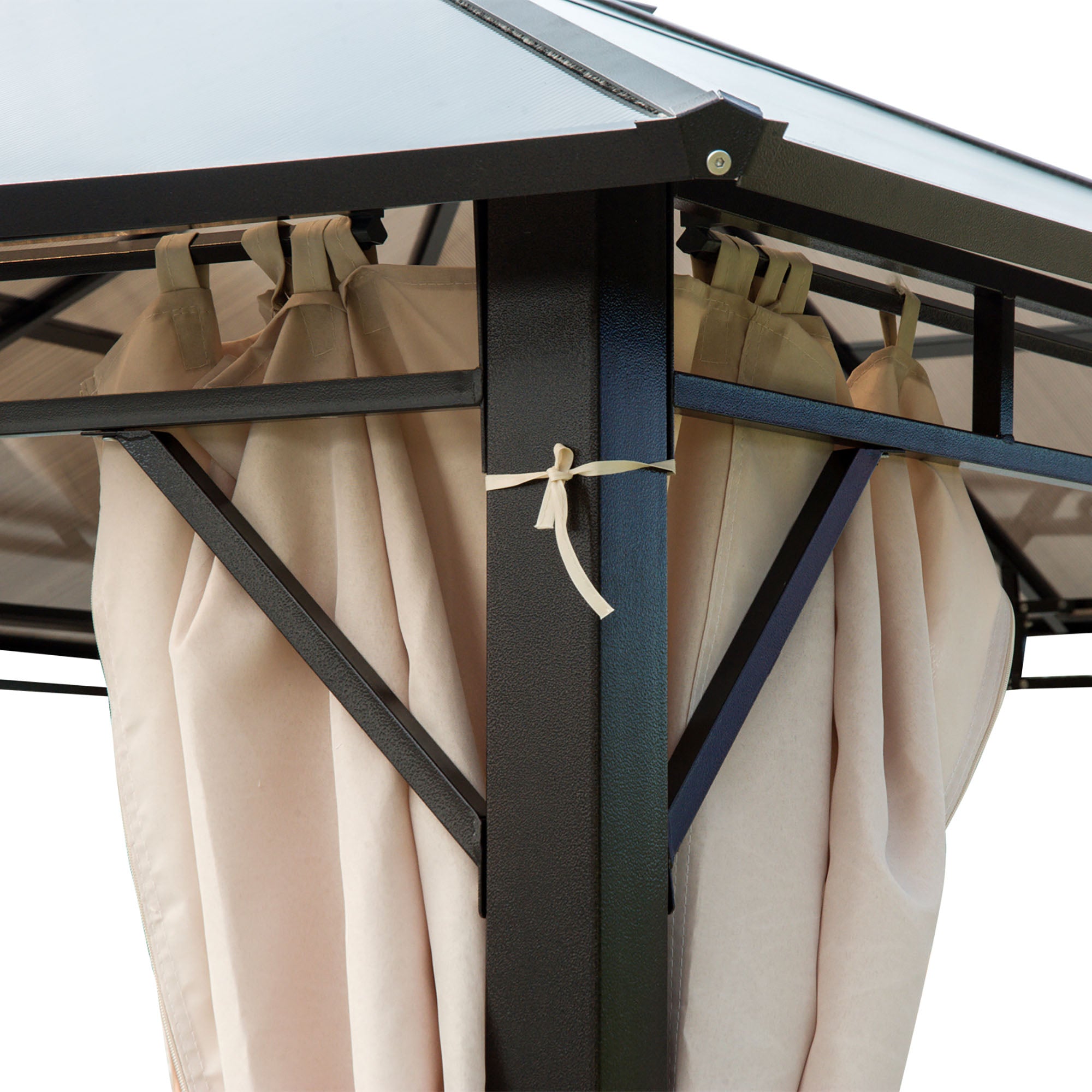 Outsunny 3 x 3.6m Hardtop Gazebo Canopy with Polycarbonate Roof Garden Pavilion with Removable Curtains and Steel Frame, Brown - North Peak Garden Furniture