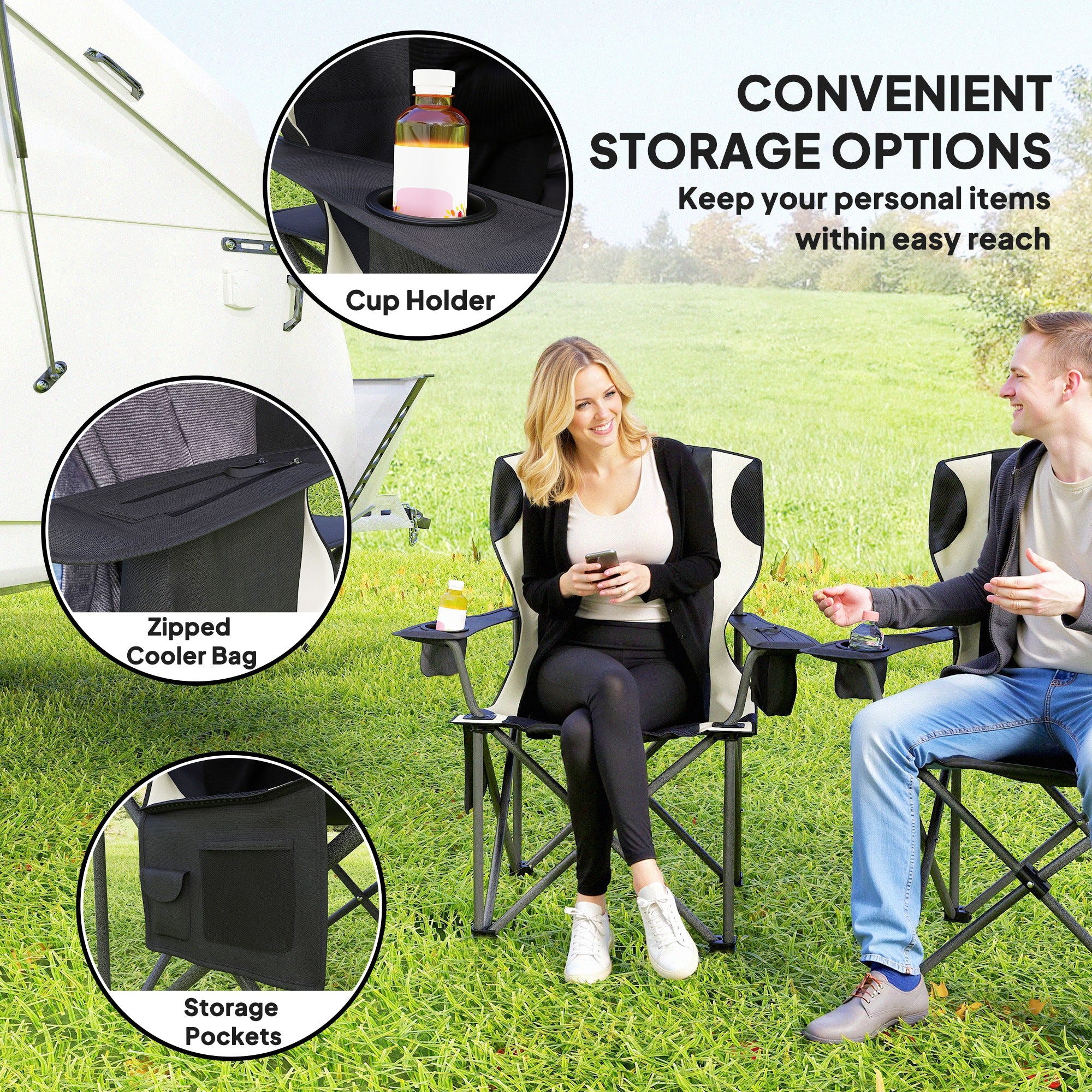 Outsunny Set of 2 Folding Camping Chairs, Padded Camping Chairs with Adjustable Armrests, Portable & Lightweight Folding Camp Chair with Cooler Bag, Cup Holder and Side Pockets, Black - North Peak Garden Furniture
