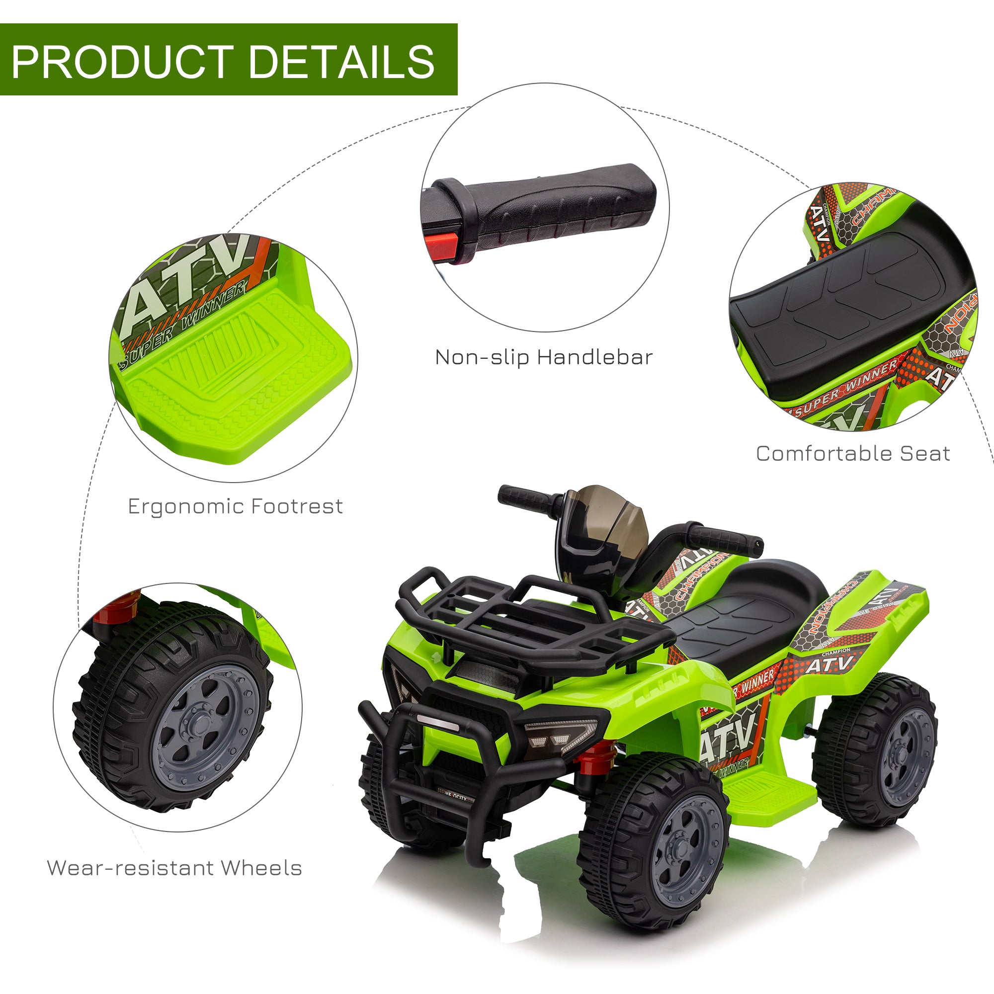 HOMCOM 6V Kids Electric Ride on Car Toddlers Quad Bike All Terrain Vehicle Toy With Music for 18-36 months Green - North Peak Garden Furniture