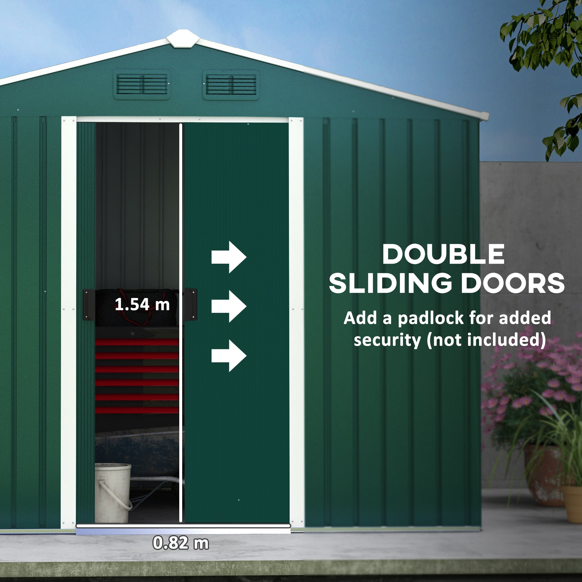 Outsunny 7.7 x 5.7ft Metal Garden Shed with Ventilation Slots and Sliding Doors, Galvanised Outdoor Tool Storage House, Green - North Peak Garden Furniture