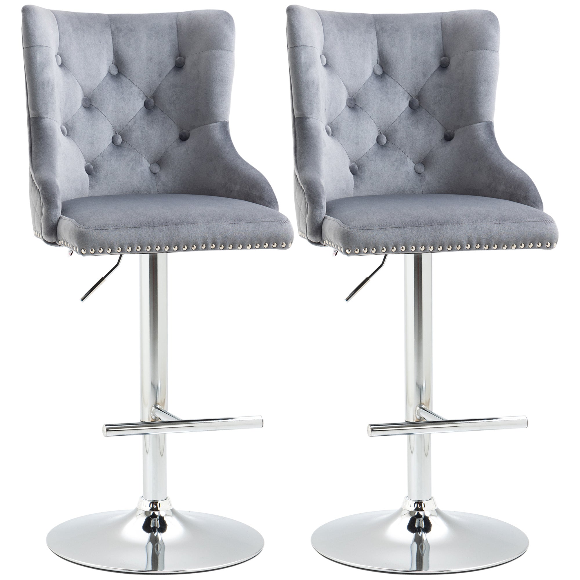 HOMCOM Modern Adjustable Bar Stools Set of 2, Swivel Velvet Barstools with Button Tufted Back, Footrest, Nailhead Trim for Home Bar, Grey - North Peak Garden Furniture